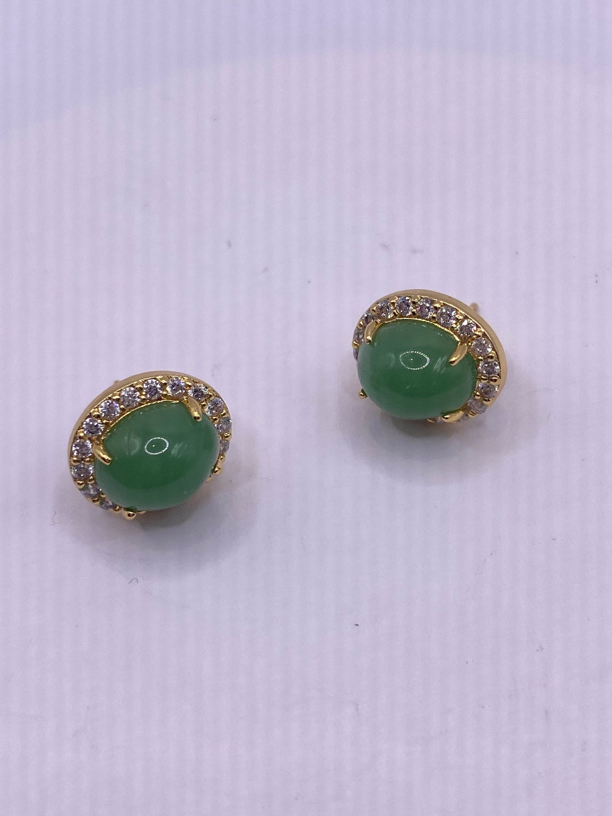 Vintage Green Nephrite Jade Golden Bronze Earrings