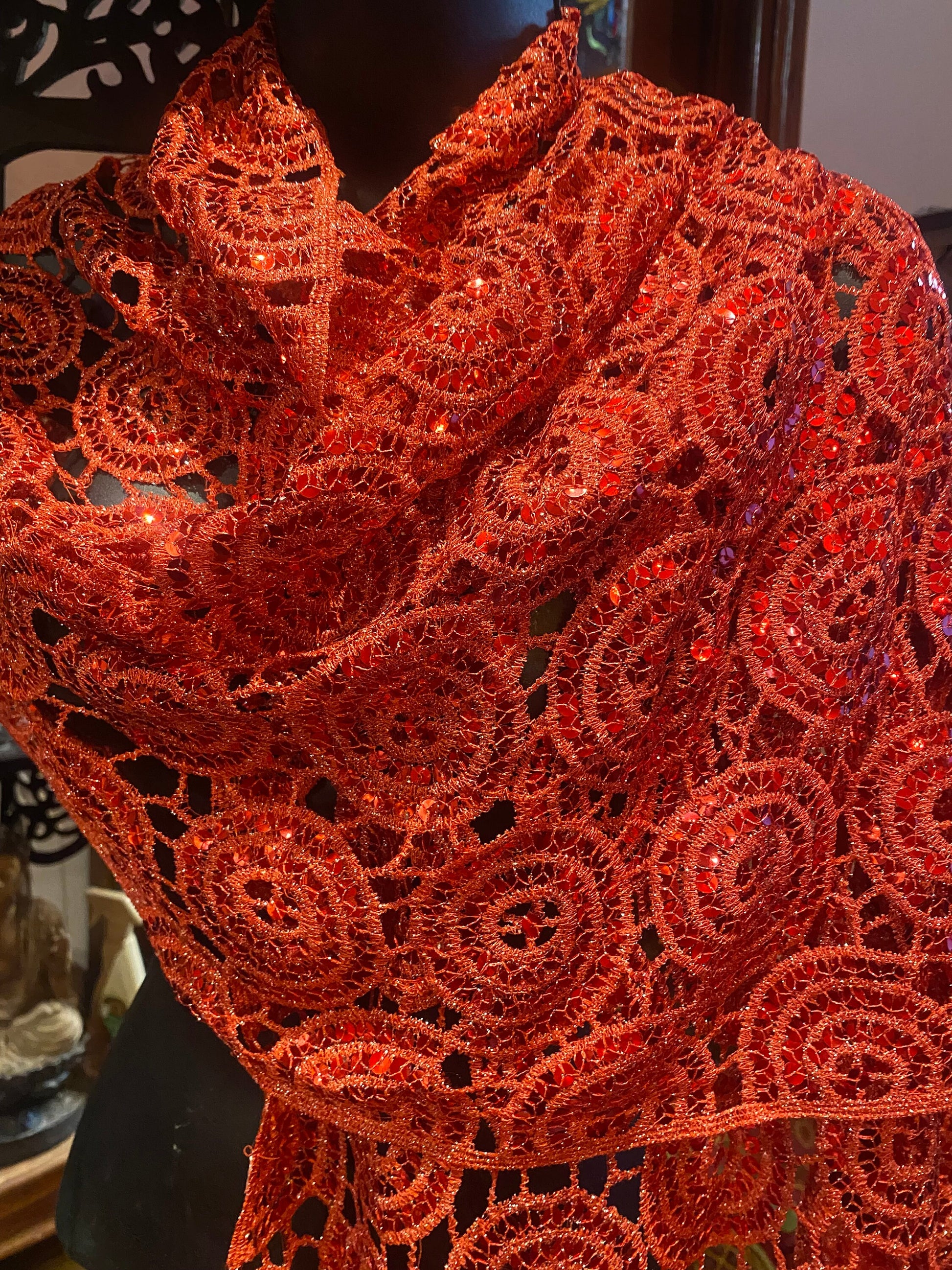 Vintage Styled Sheer Red Flower Sequined Embroidered Wrap Shawl