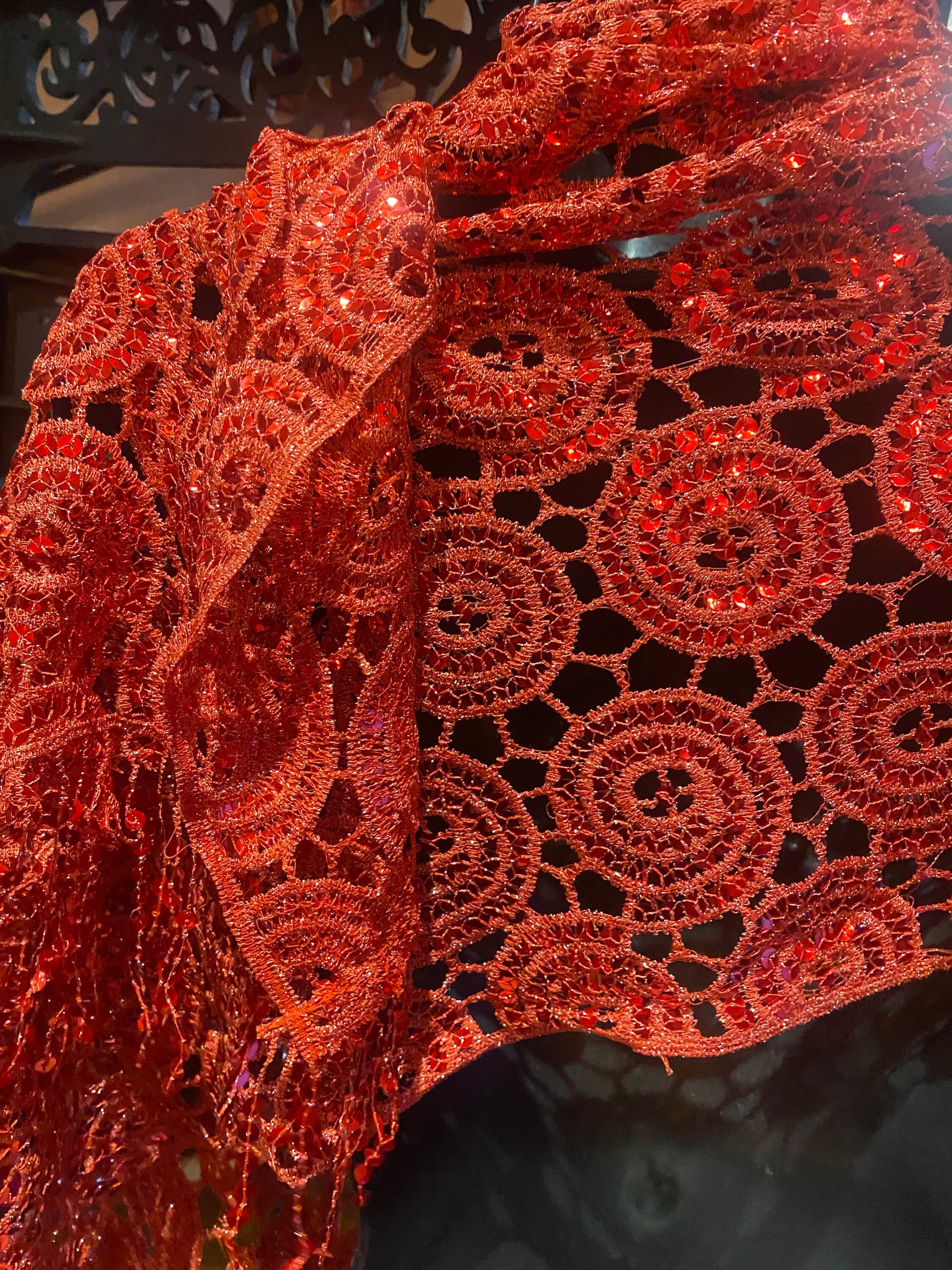 Vintage Styled Sheer Red Flower Sequined Embroidered Wrap Shawl