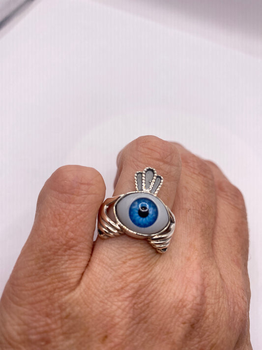 Vintage Blue Evil Eye 925 Sterling Silver Claddaugh Ring