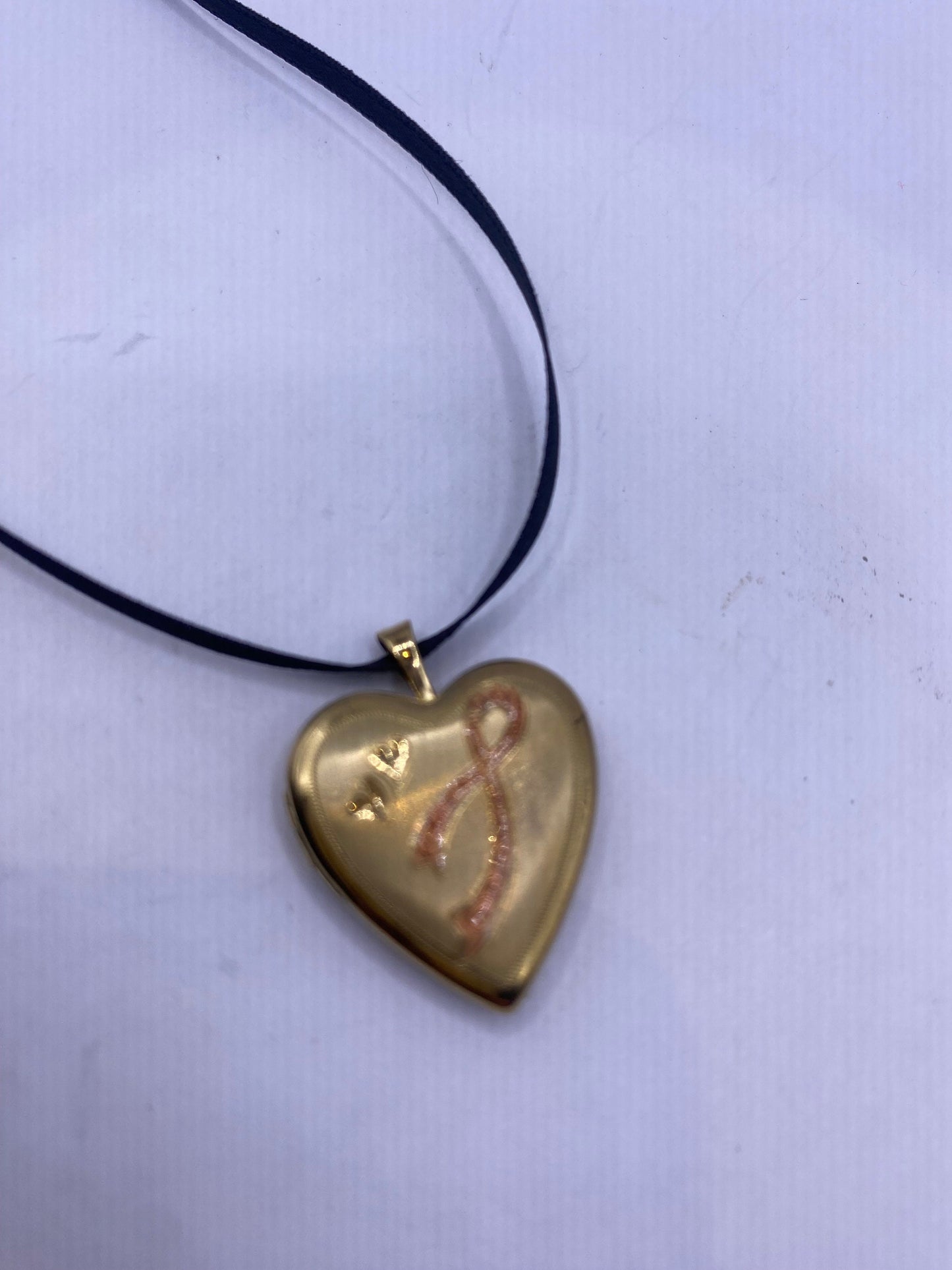 Vintage Gold Locket | Tiny Heart 9k Gold Filled Pendant Photo Memory Charm Engraved Pink Ribbon Hearts | Choker Necklace