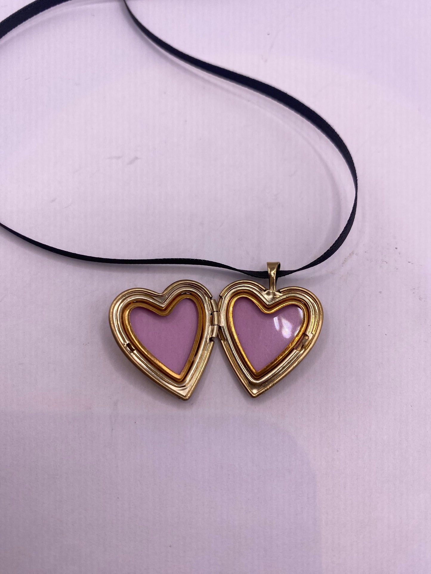 Vintage Gold Locket | Tiny Heart 9k Gold Filled Pendant Photo Memory Charm Engraved Pink Ribbon Hearts | Choker Necklace