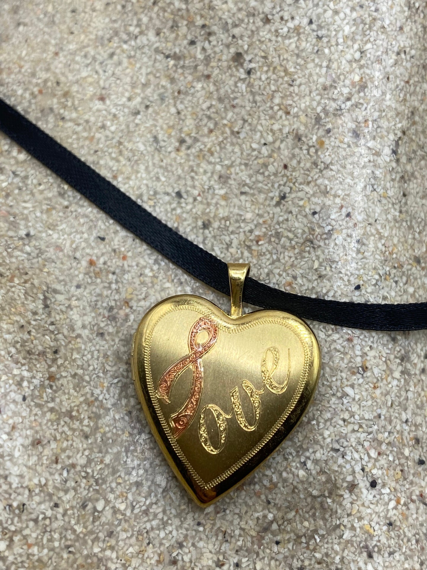 Vintage Gold Locket | Tiny Heart 9k Gold Filled Pendant Photo Memory Charm Engraved Pink Ribbon Cross Memorial | Choker Necklace