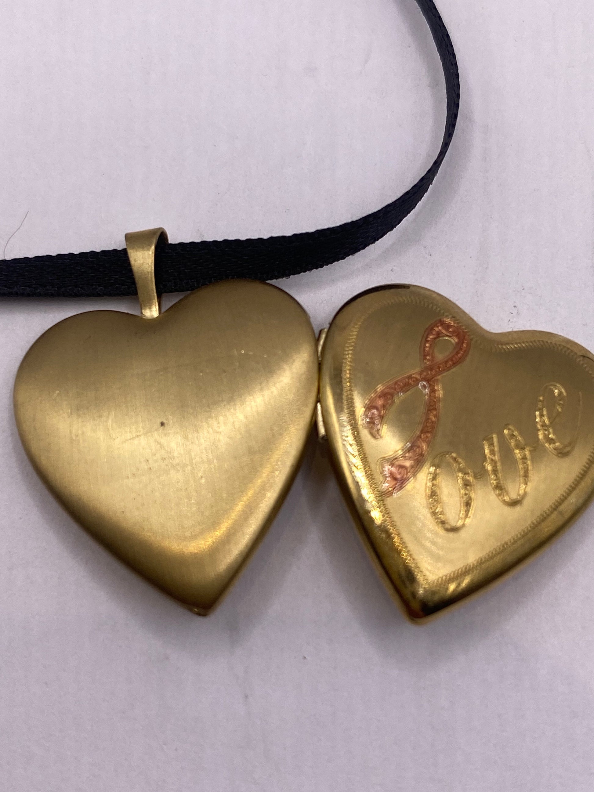 Vintage Gold Locket | Tiny Heart 9k Gold Filled Pendant Photo Memory Charm Engraved Pink Ribbon Cross Memorial | Choker Necklace