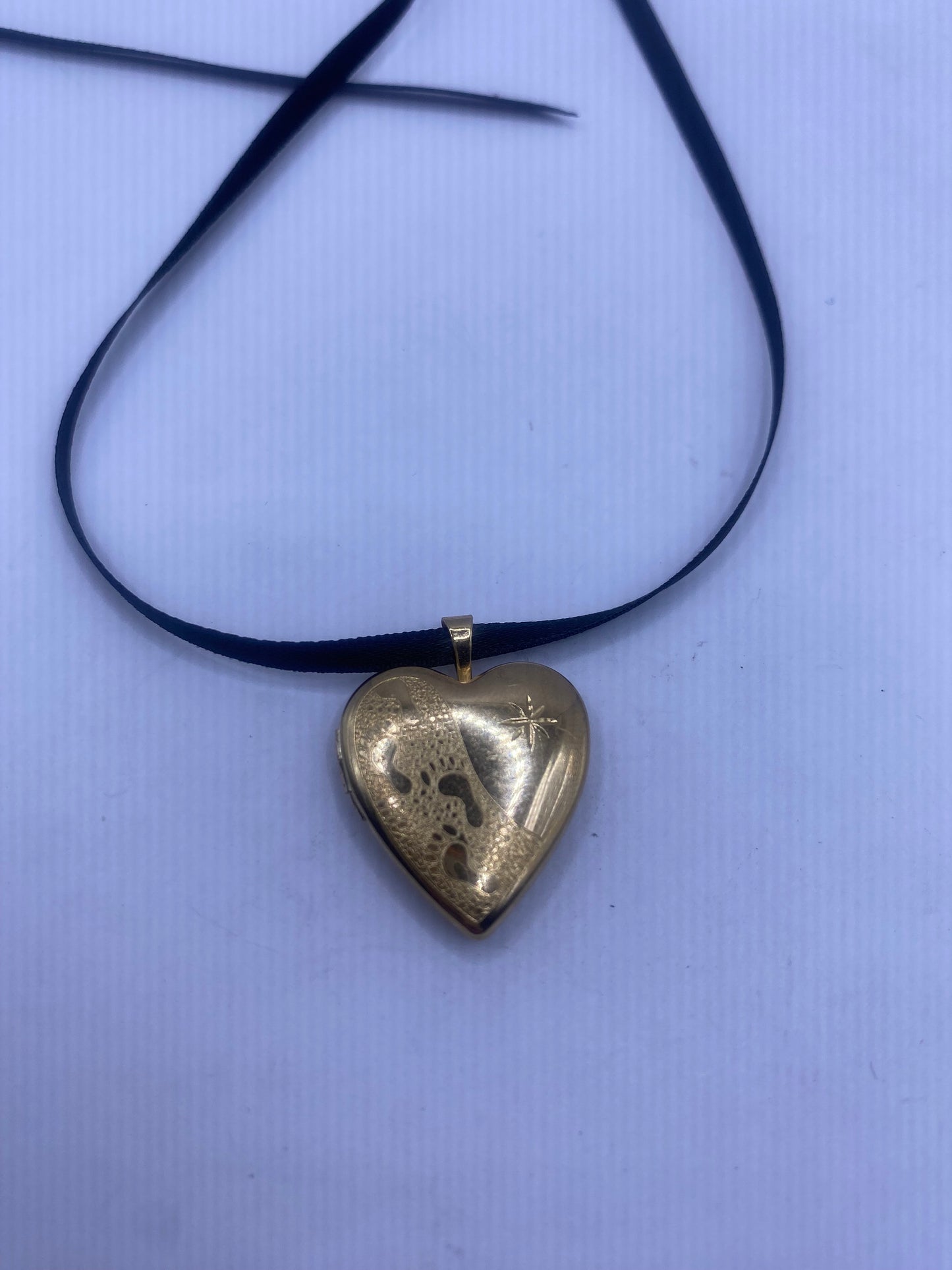 Vintage Gold Locket | Tiny Heart 9k Gold Filled Pendant Photo Memory Charm Engraved Footsteps | Choker Necklace