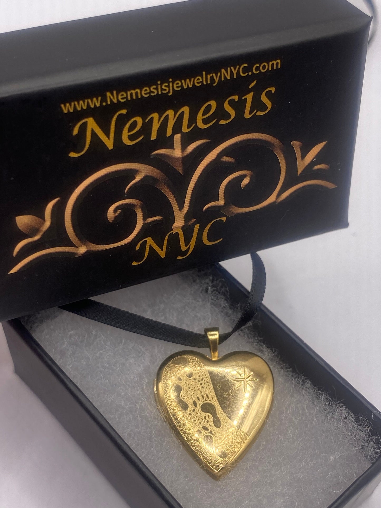 Vintage Gold Locket | Tiny Heart 9k Gold Filled Pendant Photo Memory Charm Engraved Footsteps | Choker Necklace