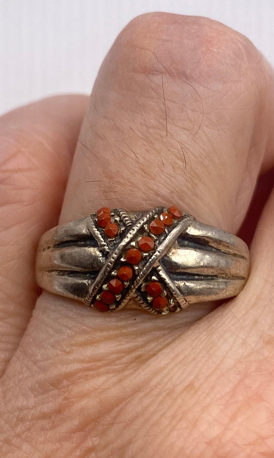 Vintage red coral 925 sterling silver wedding band Ring