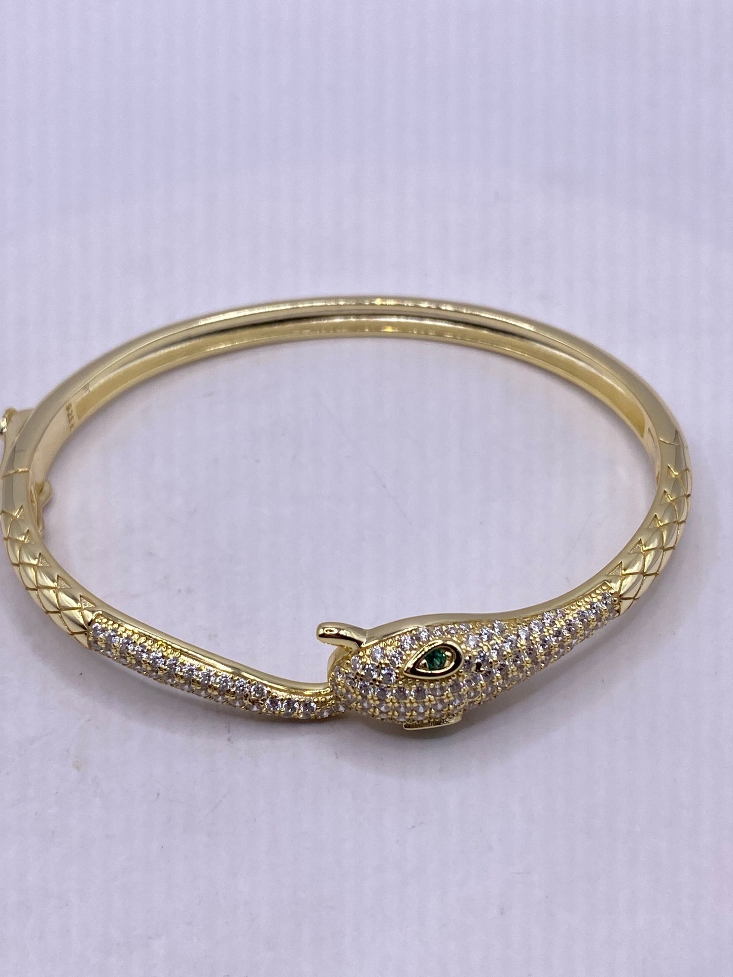 Vintage Snake Bangle Bracelet Gold Finished 925 Sterling Silver Crystal Pave