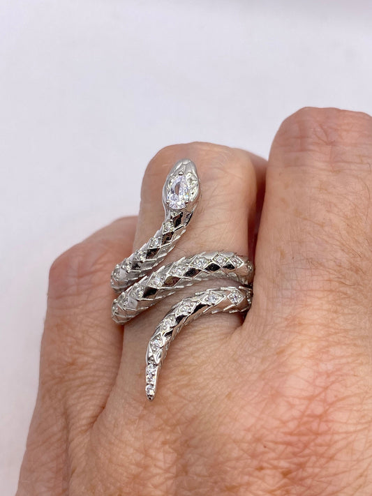 Vintage Sterling Silver Adjustable Crystal Snake Ring