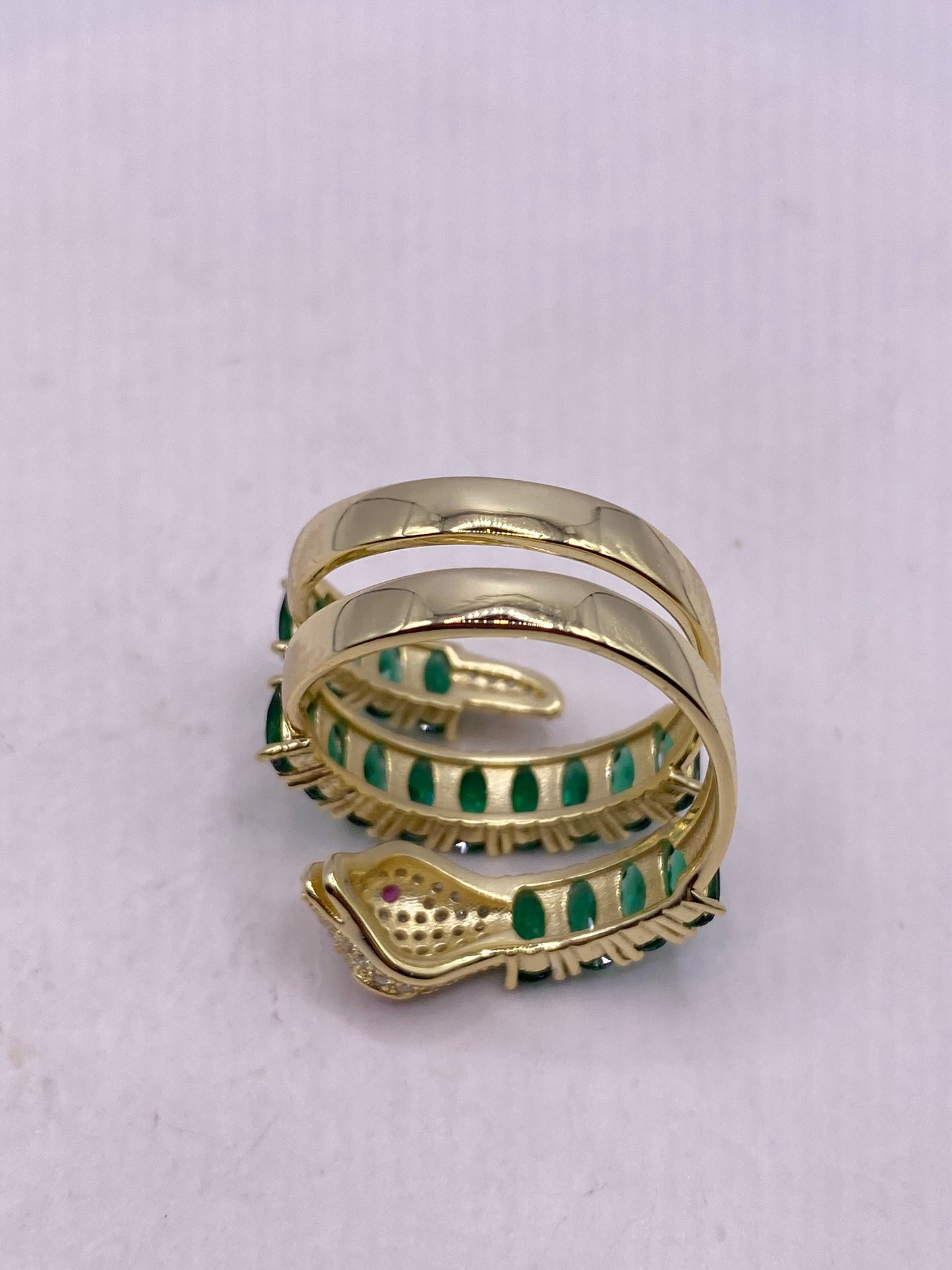 Vintage Gold Sterling Silver Adjustable Green Crystal Snake Ring