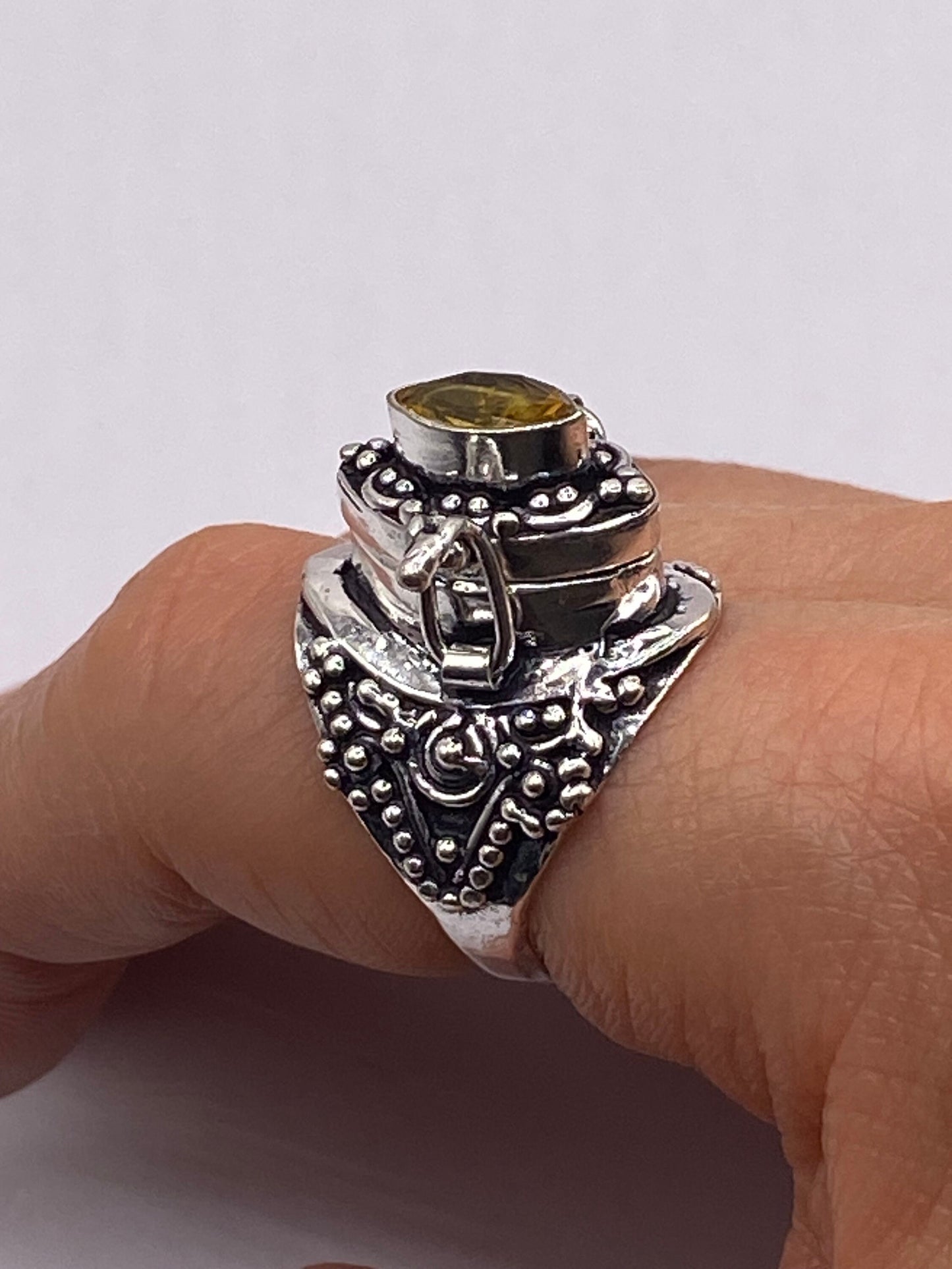 Vintage White Bronze Poison Pillbox Ring