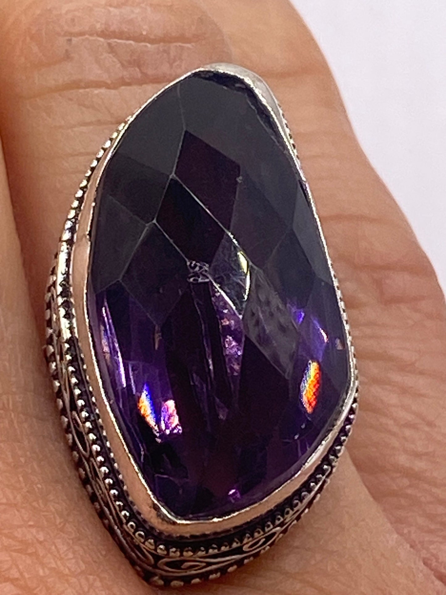 Vintage 1970's Purple Amethyst White Bronze Silver Ring