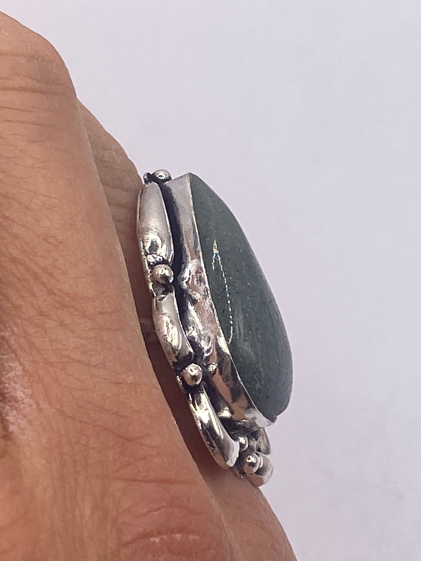 Vintage Green Nephrite Jade White Bronze Statement Ring