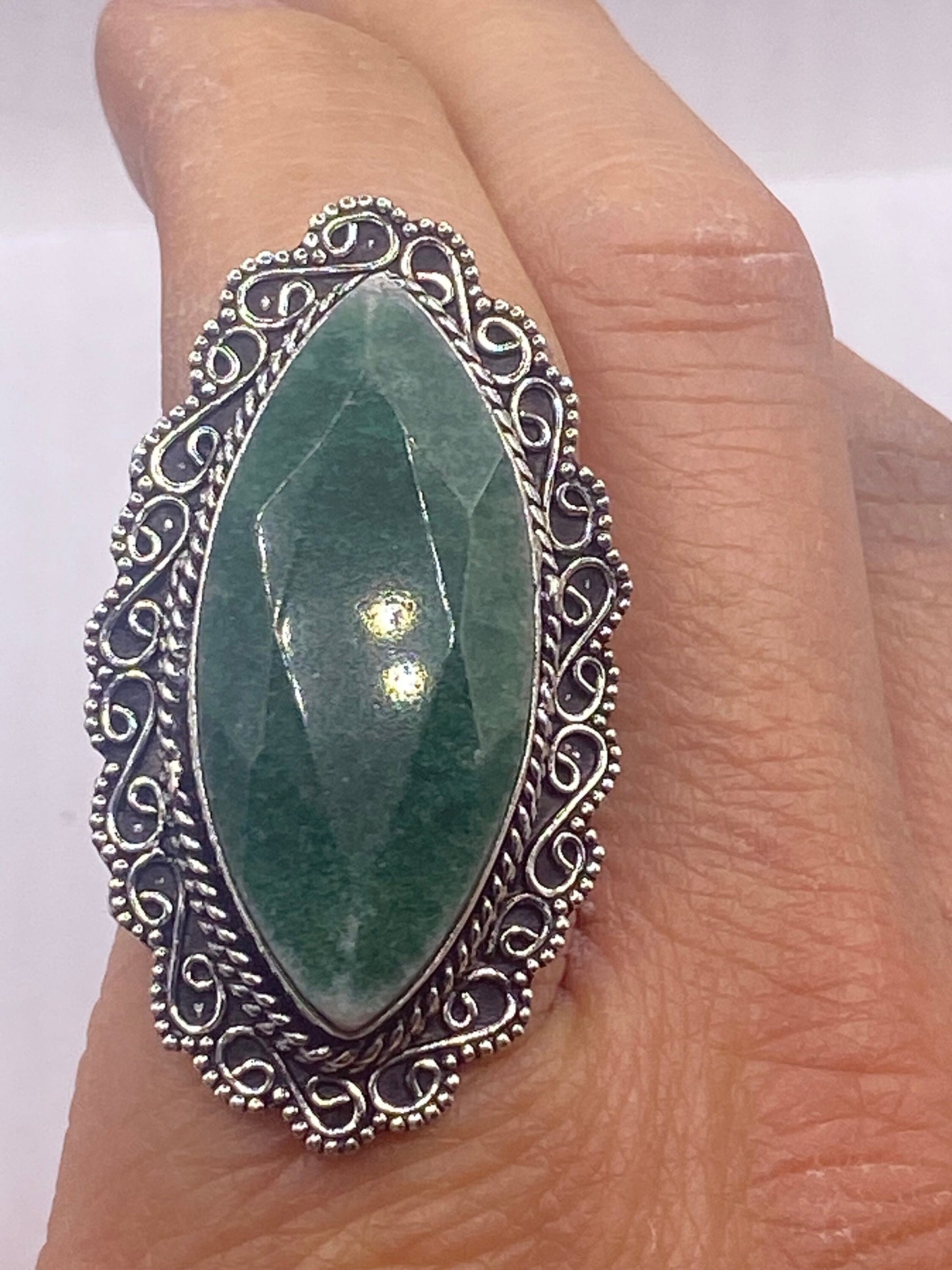 Vintage Green Raw Emerald Silver Bronze Statement Boho Ring