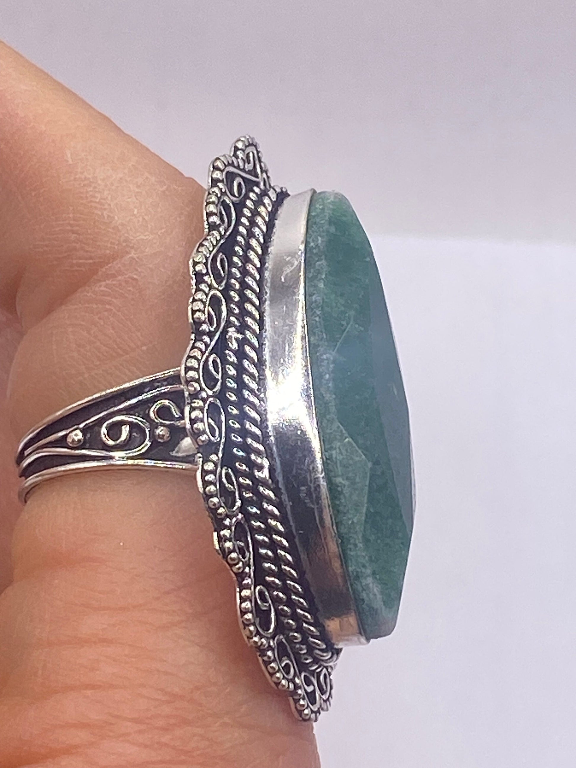 Vintage Green Raw Emerald Silver Bronze Statement Boho Ring