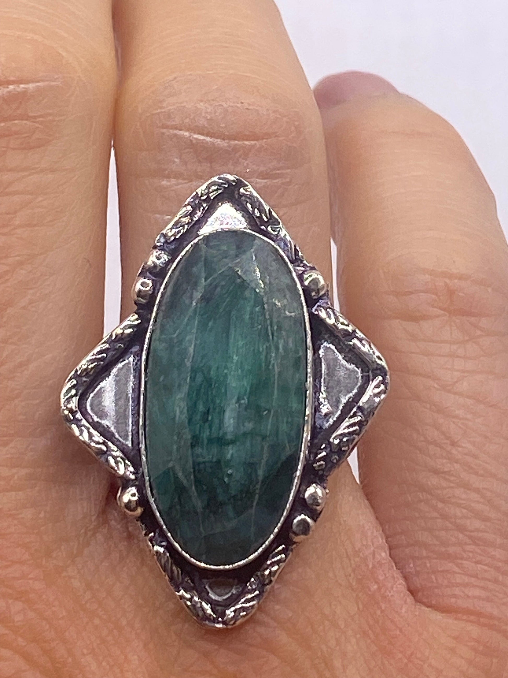 Vintage Green Raw Emerald Silver Bronze Statement Boho Ring