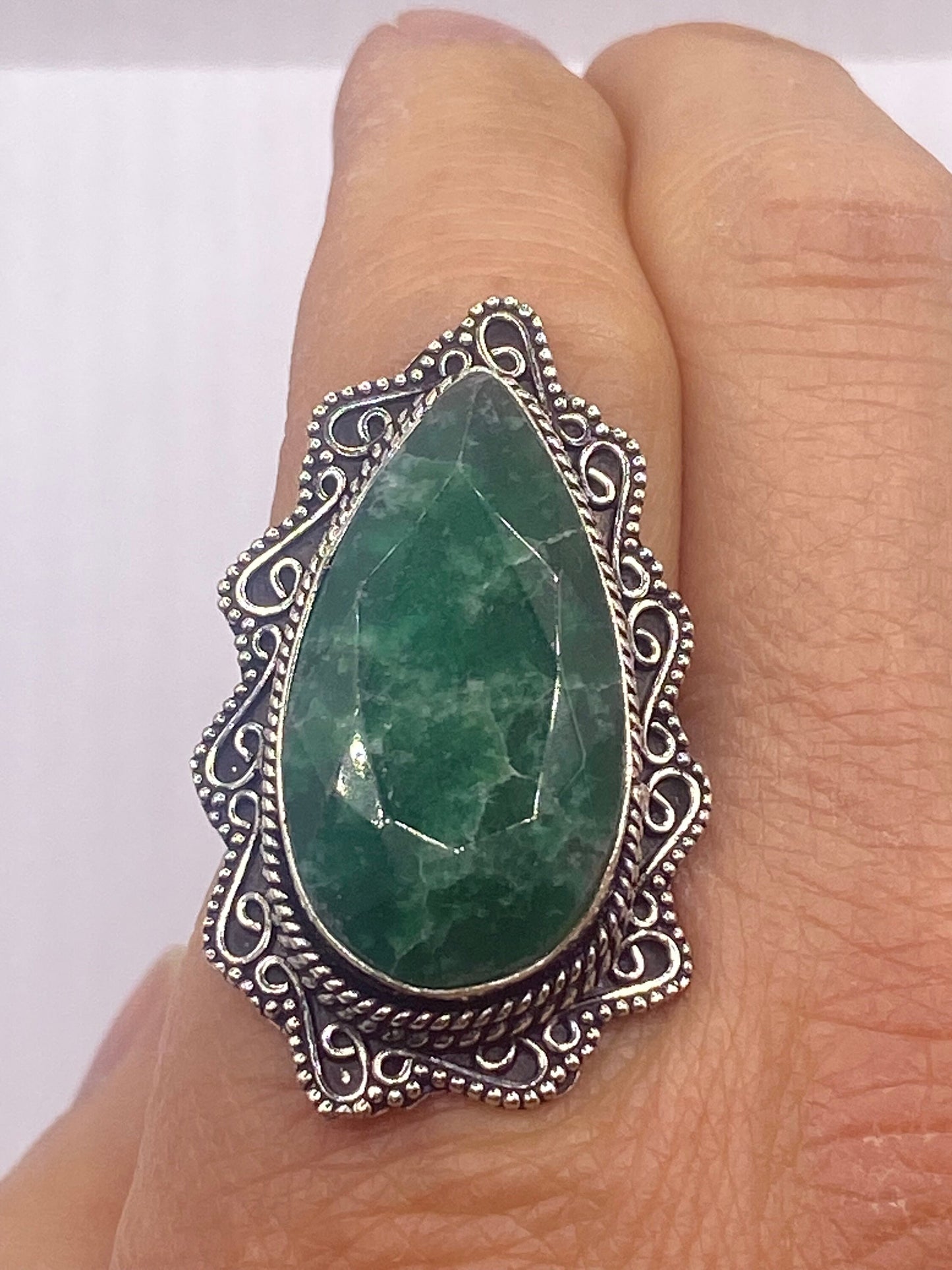 Vintage Green Raw Emerald Silver Bronze Statement Boho Ring