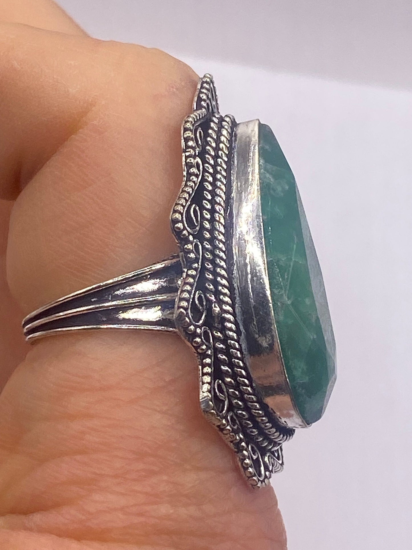 Vintage Green Raw Emerald Silver Bronze Statement Boho Ring