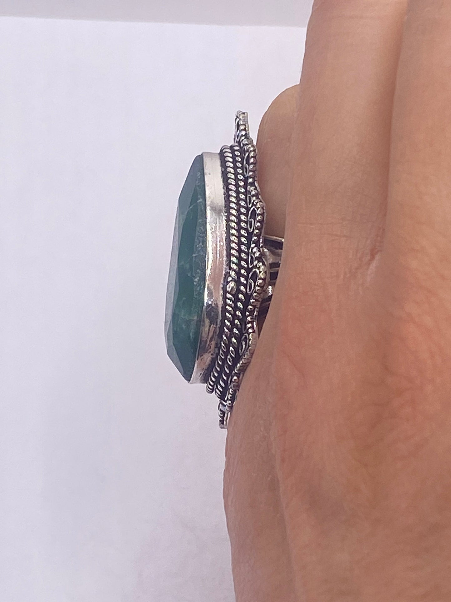 Vintage Green Raw Emerald Silver Bronze Statement Boho Ring