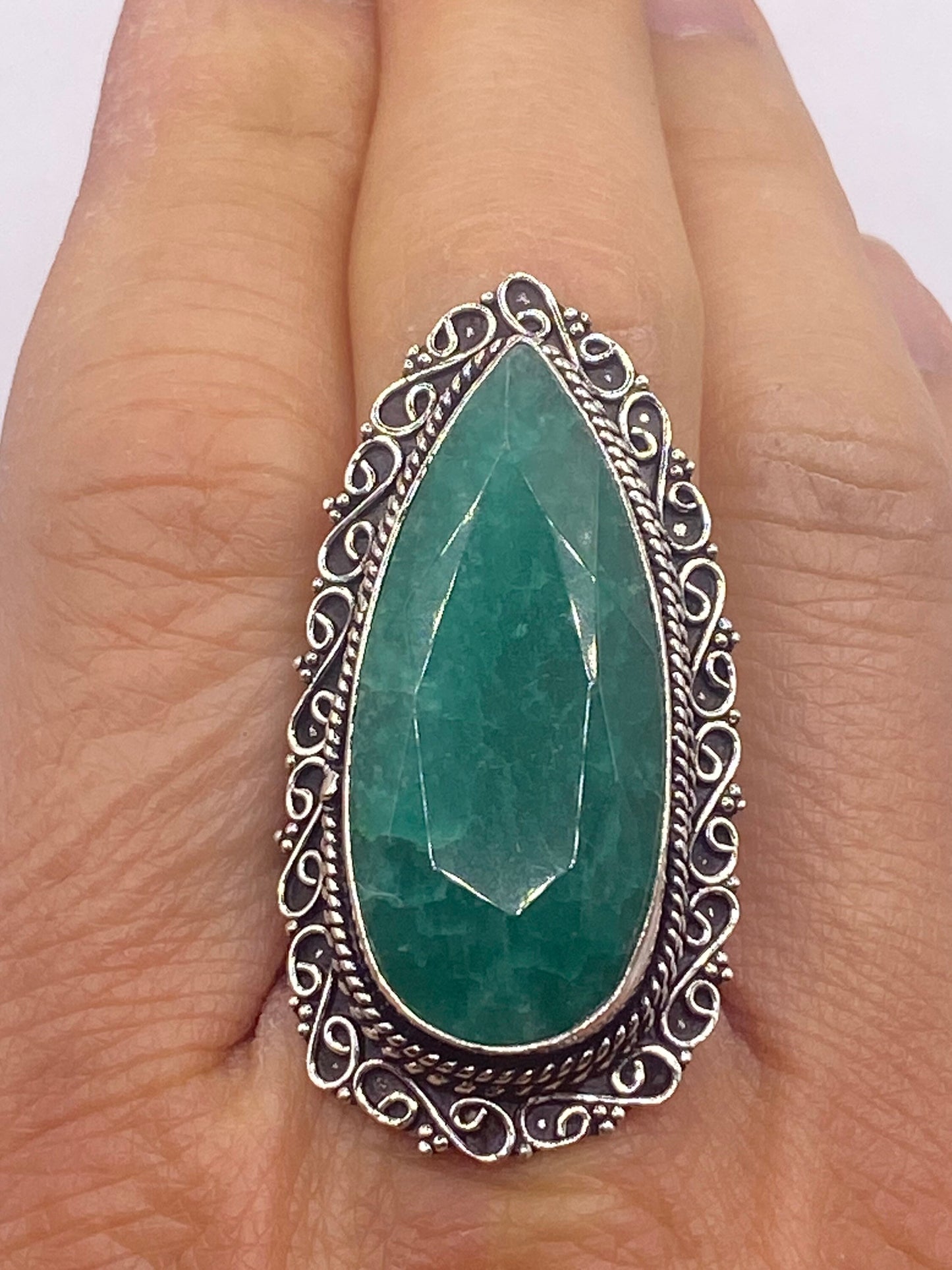 Vintage Green Raw Emerald Silver Bronze Statement Boho Ring