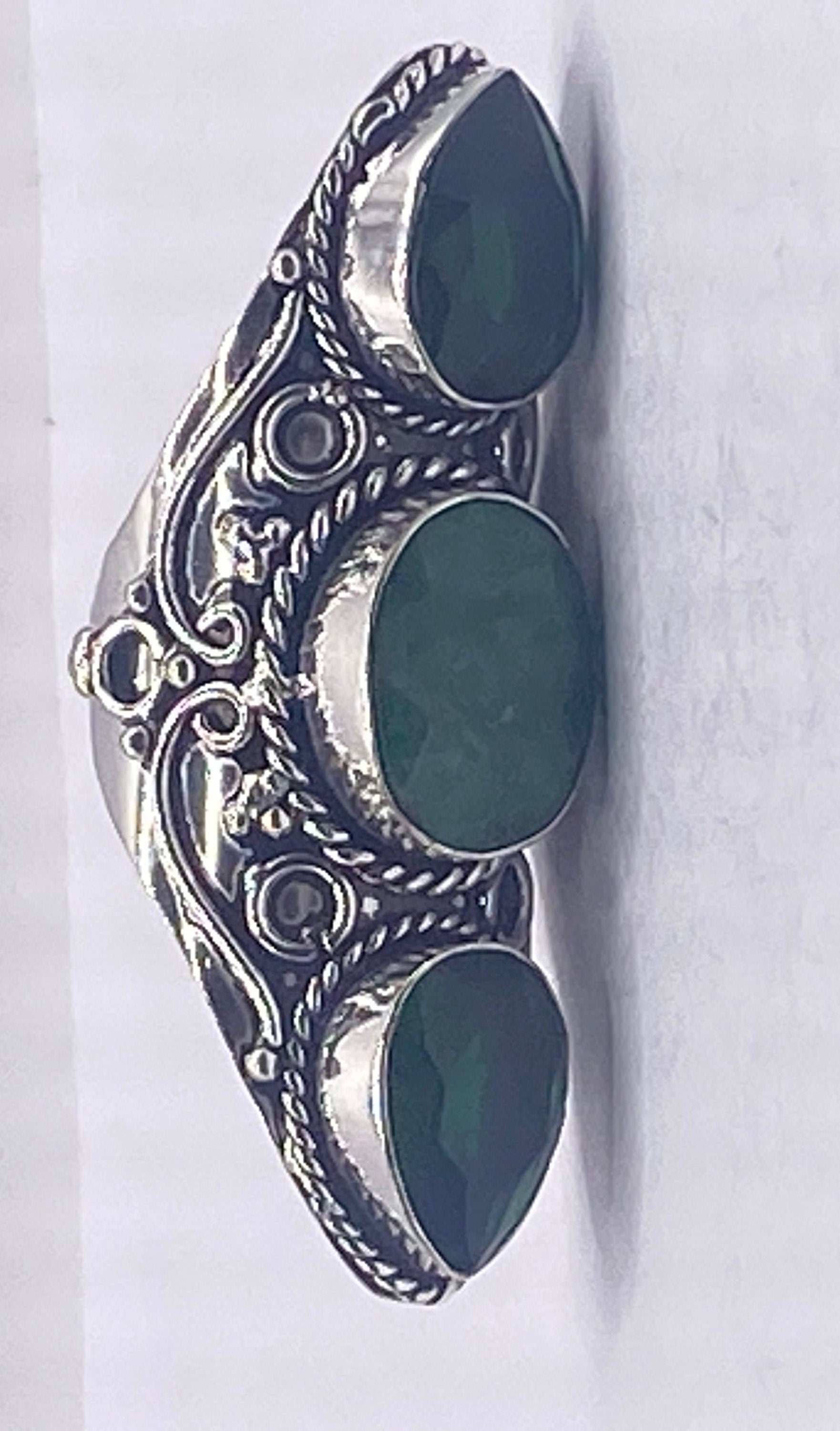 Vintage Green Raw Emerald Silver Bronze Statement Boho Ring