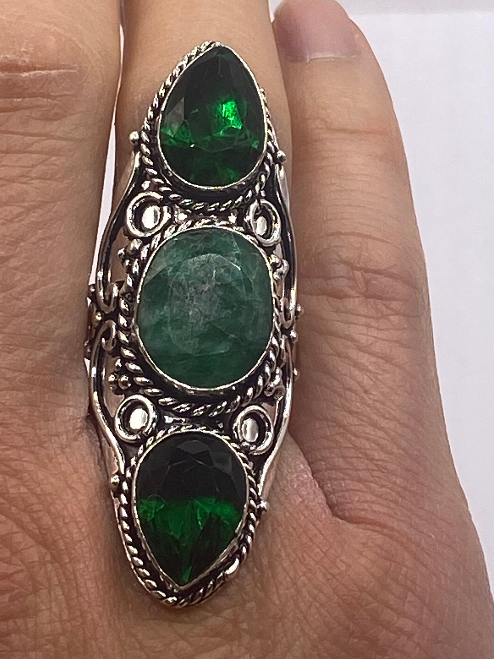 Vintage Green Raw Emerald Silver Bronze Statement Boho Ring