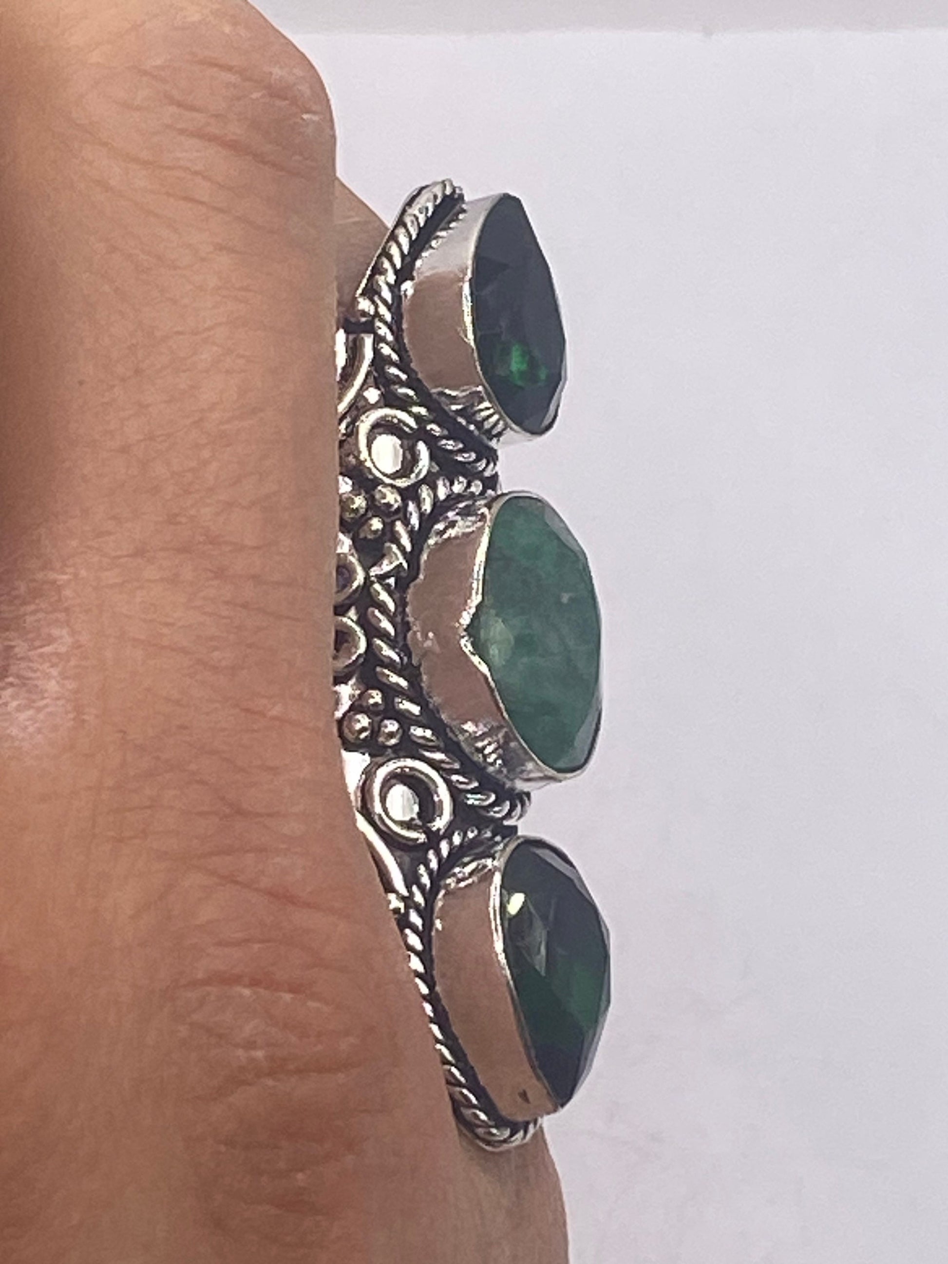 Vintage Green Raw Emerald Silver Bronze Statement Boho Ring