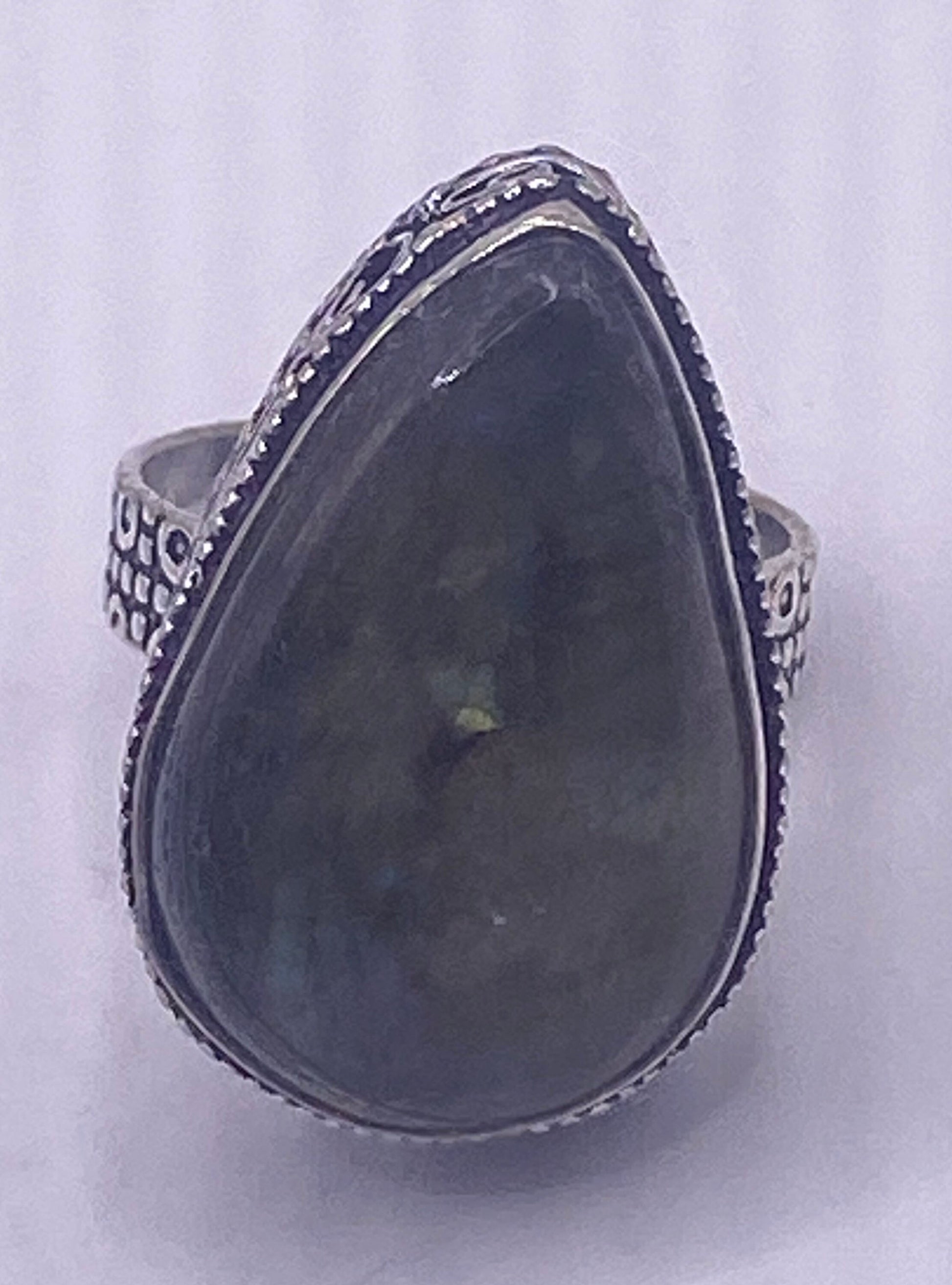 Vintage Large Bronze Green Labradorite Stone Silver Ring