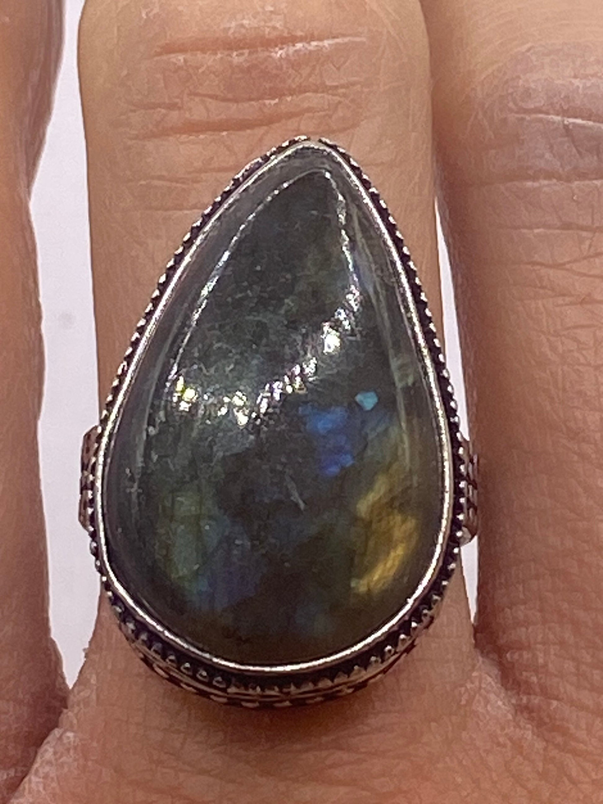 Vintage Large Bronze Green Labradorite Stone Silver Ring