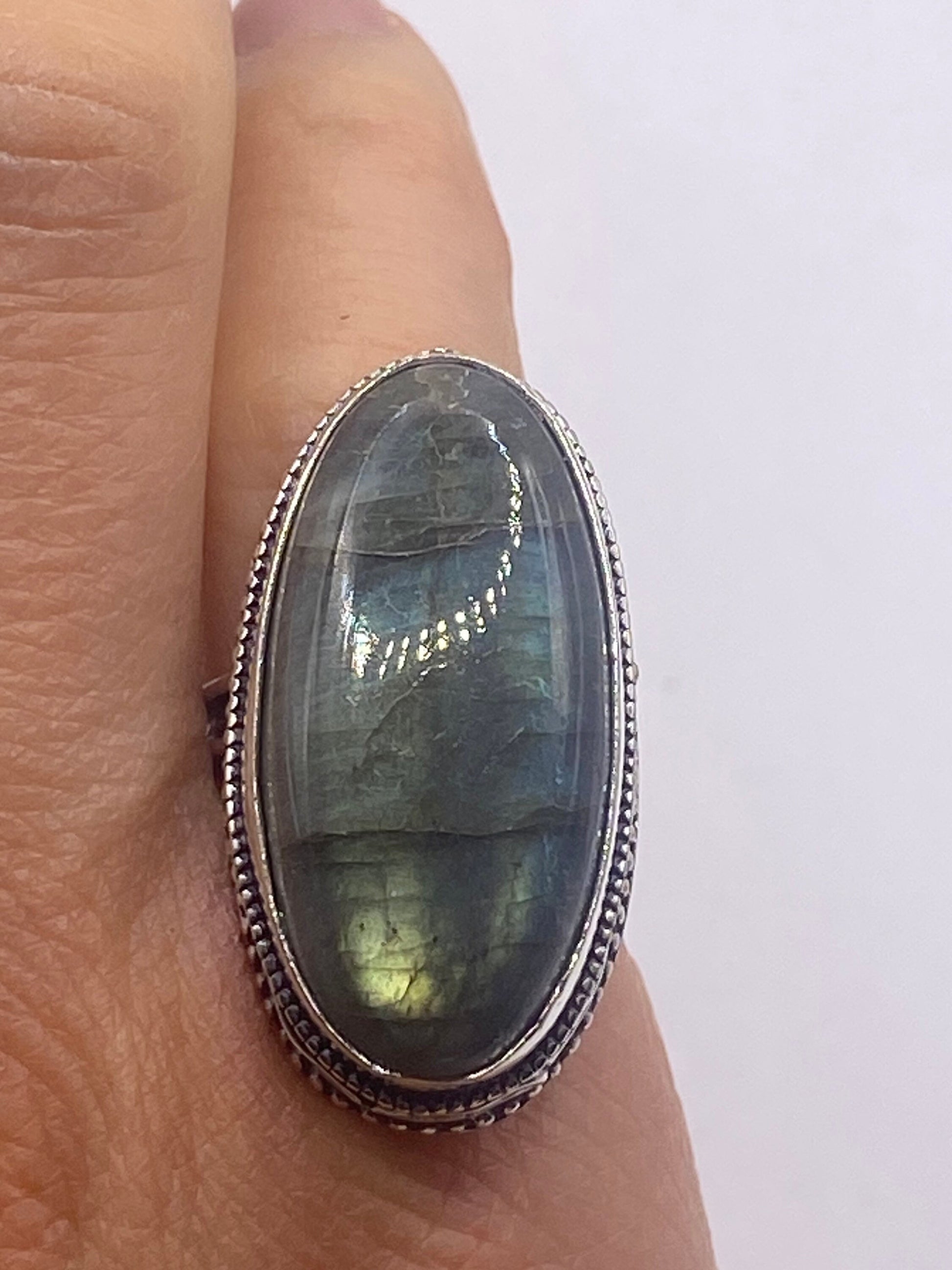 Vintage Large Bronze Green Labradorite Stone Silver Ring