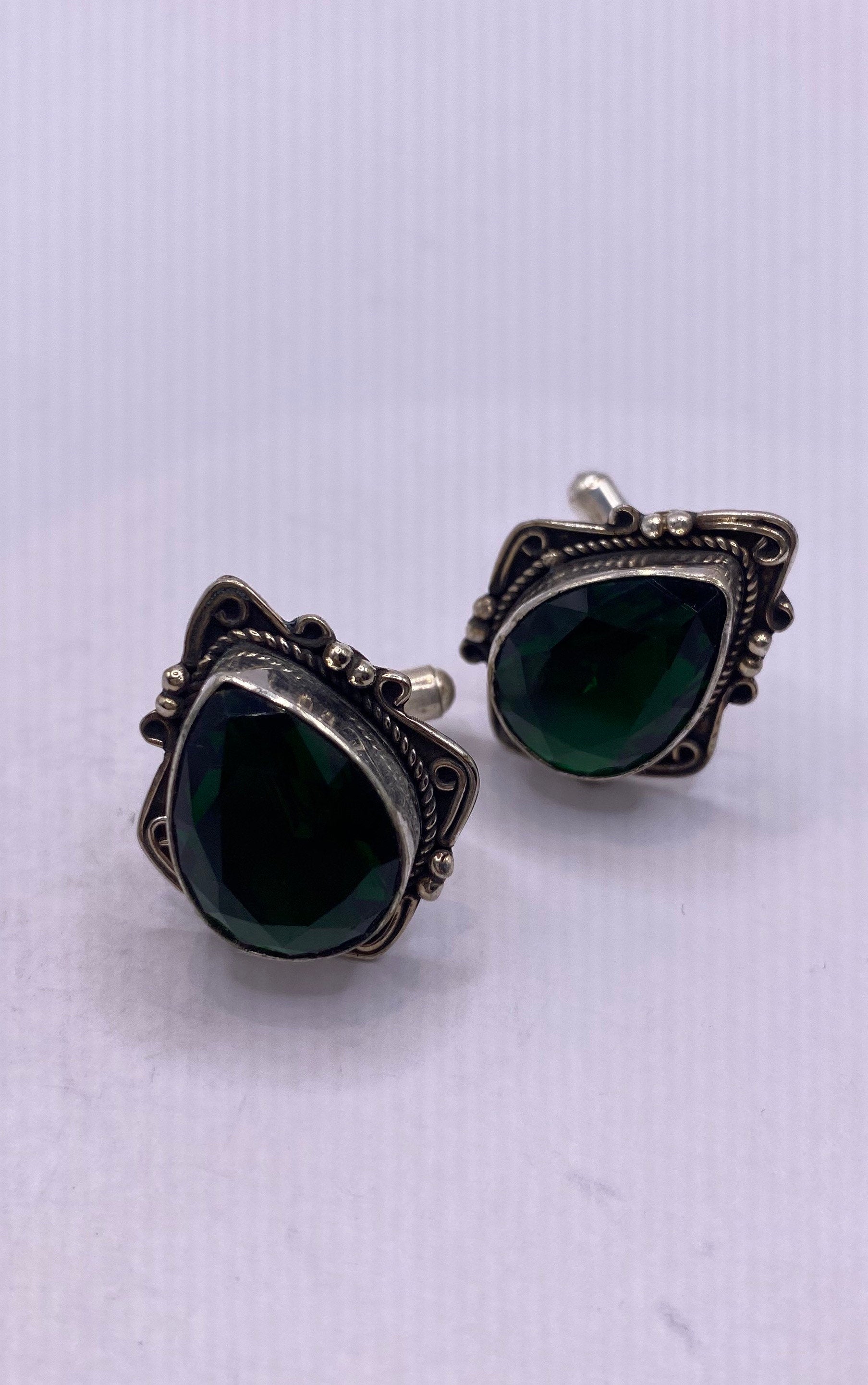 Vintage Green Emerald Glass Cuff Links