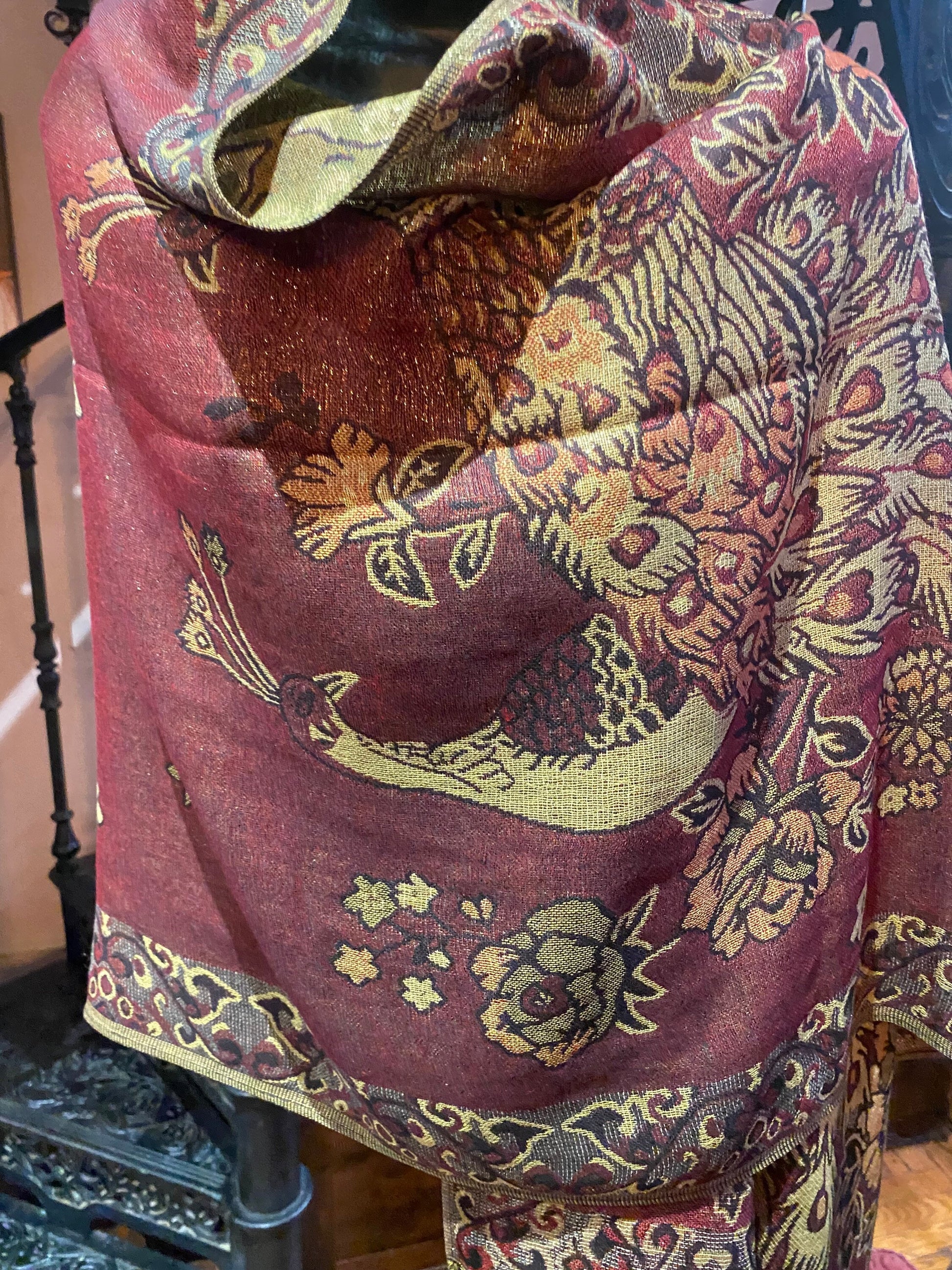 Vintage Burgundy Peacock Brocade Pashmina Scarf Wrap Shawl