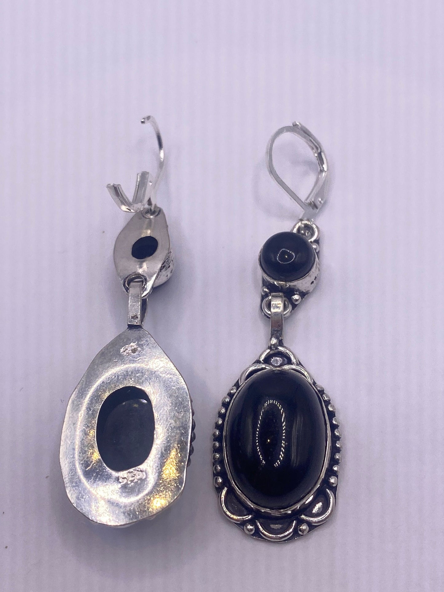Vintage Black Onyx Sterling Silver Deco Dangle Liver back Earrings