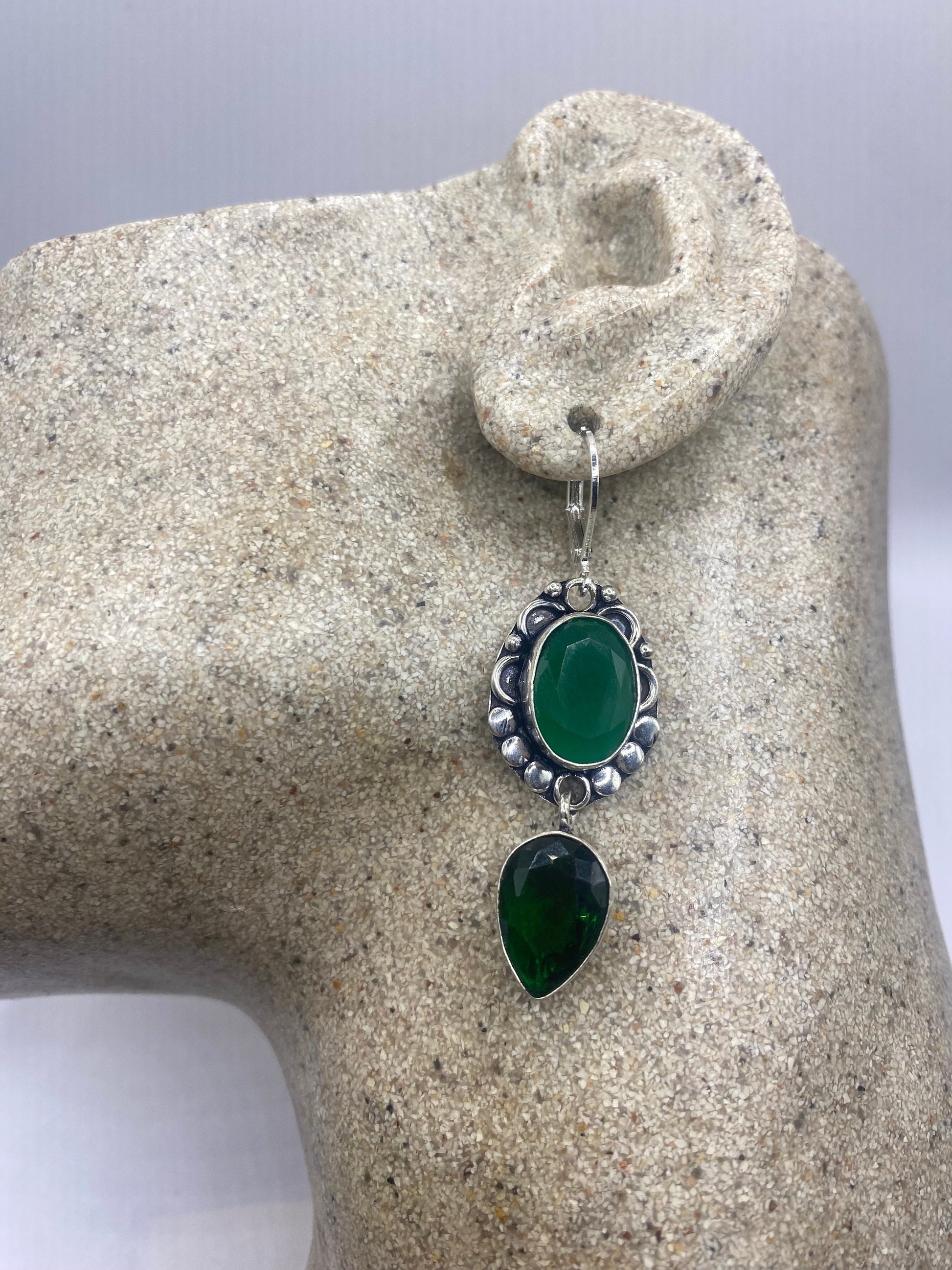 Antique vintage Green Crysopraise Silver dangle earrings