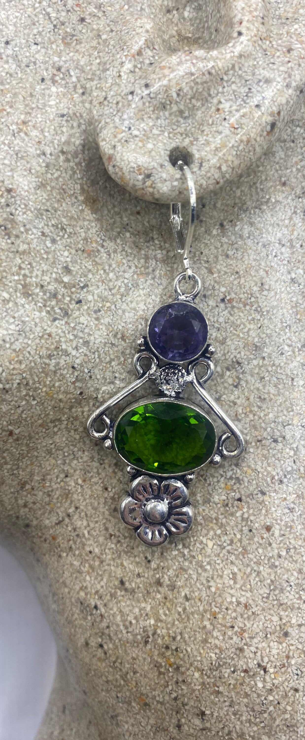 Antique Vintage Green Peridot Amethyst Silver Liver Back Dangle Earrings