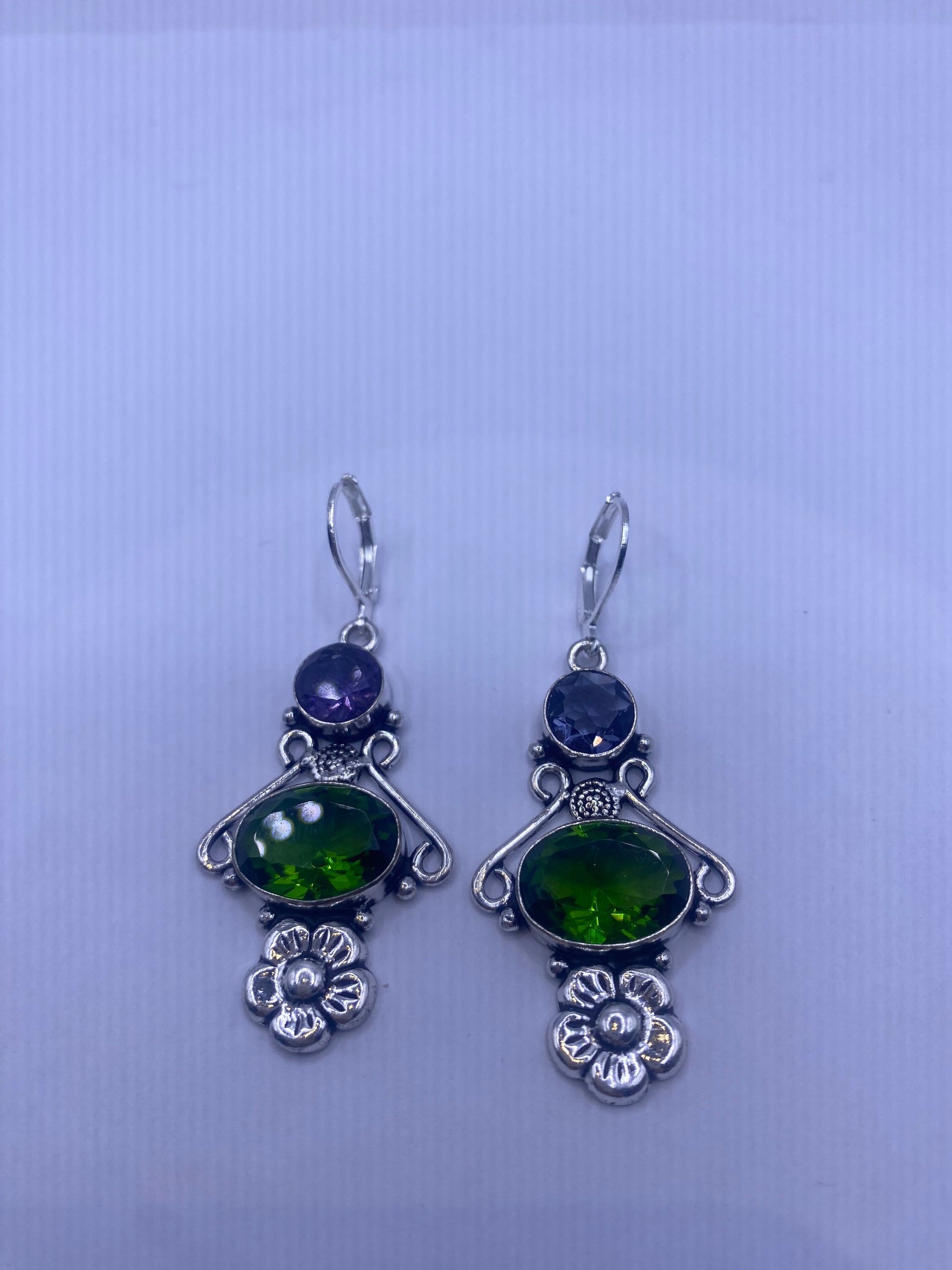 Antique Vintage Green Peridot Amethyst Silver Liver Back Dangle Earrings