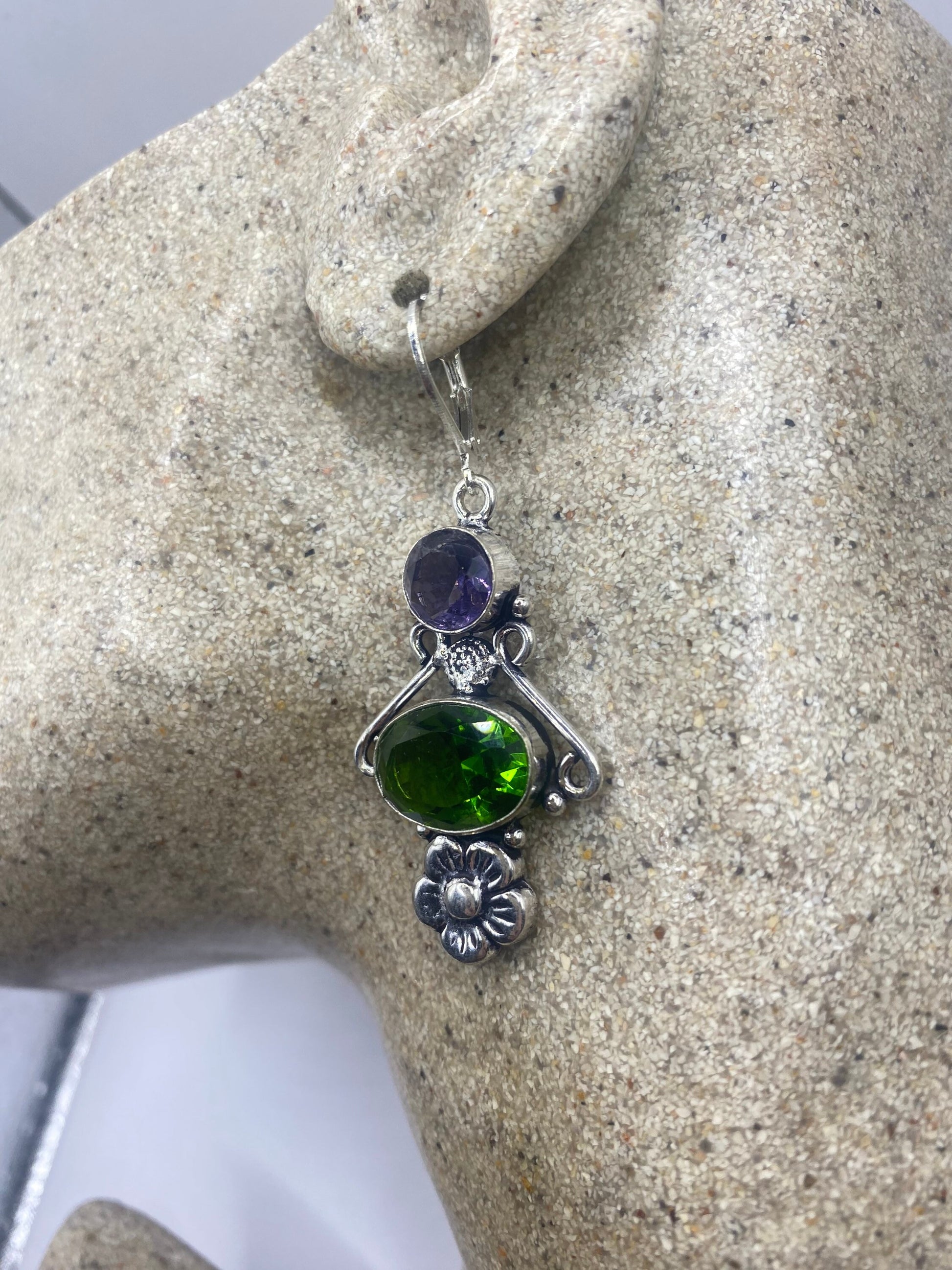 Antique Vintage Green Peridot Amethyst Silver Liver Back Dangle Earrings