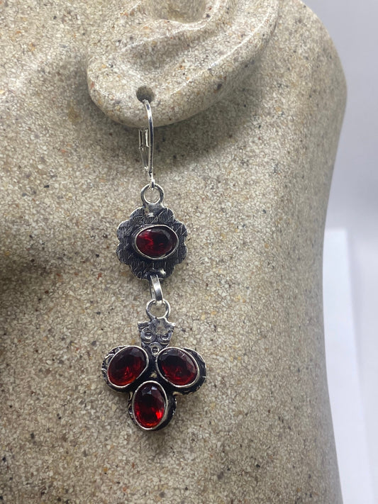 Vintage Red Ruby Glass Earrings 925 Sterling Silver Leverback