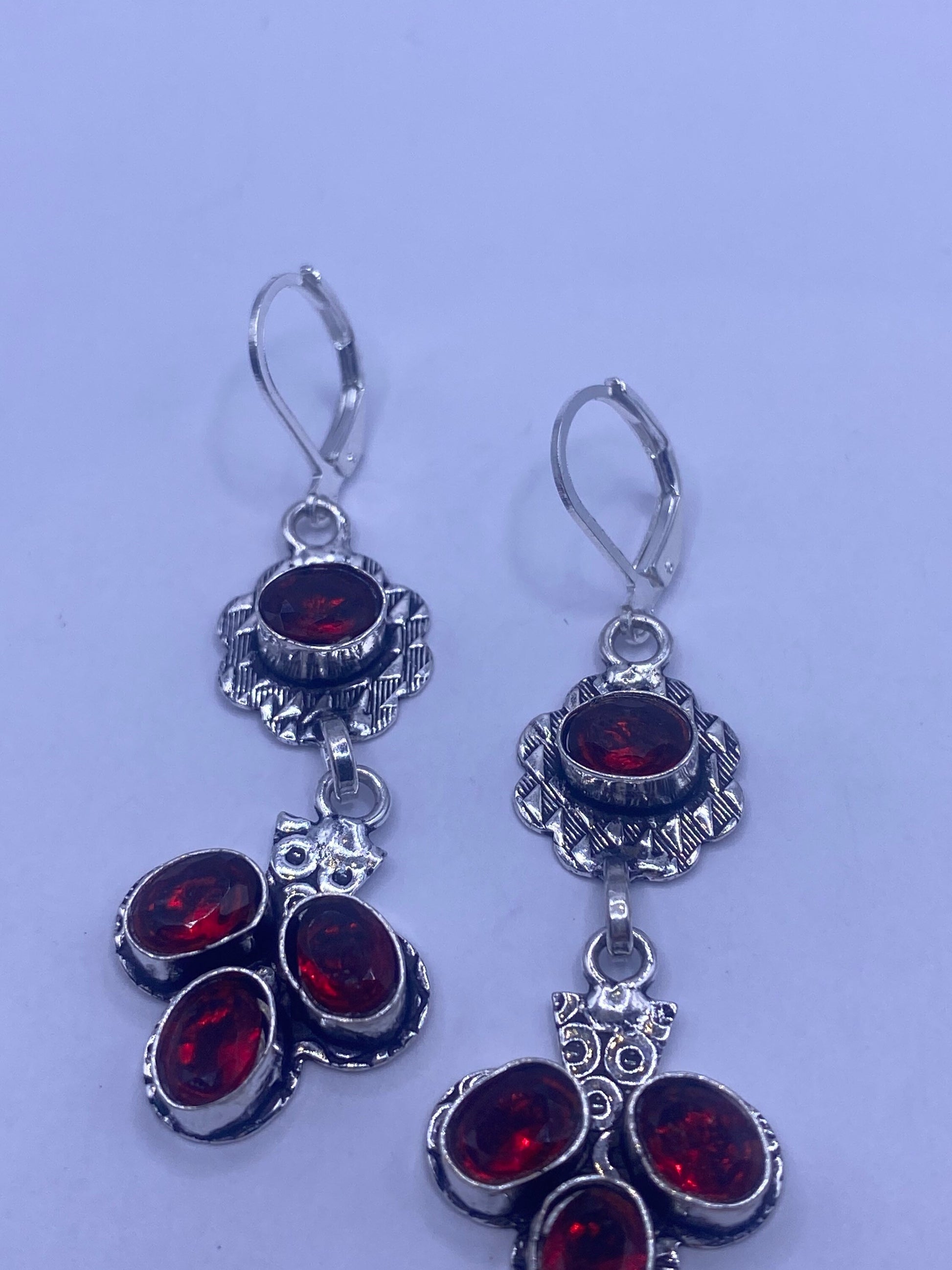 Vintage Red Ruby Glass Earrings 925 Sterling Silver Leverback