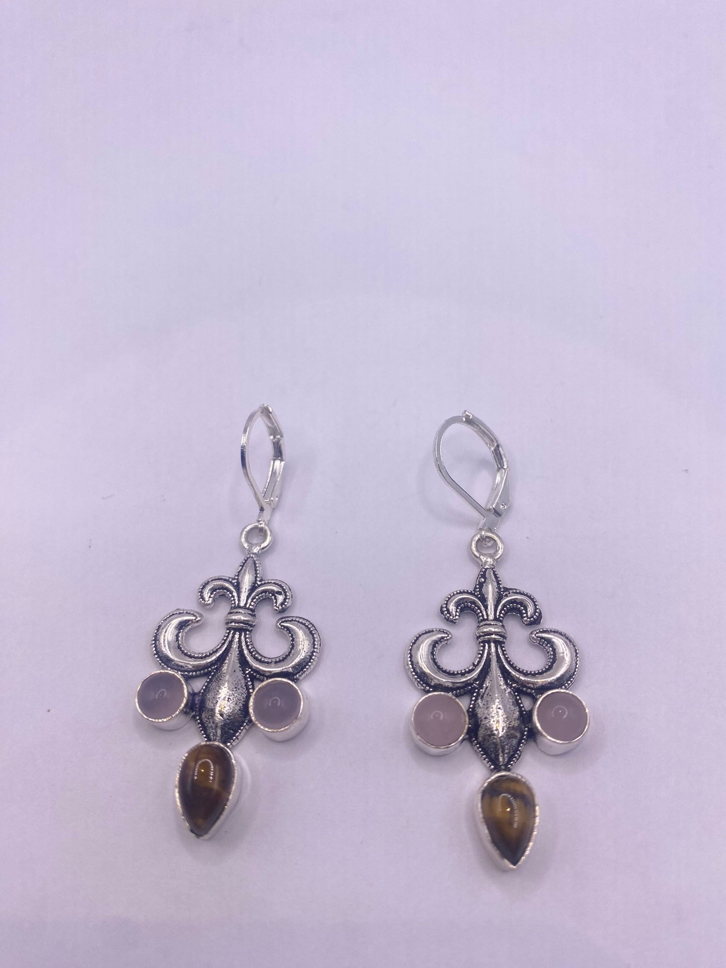 Vintage Rose Quartz Tigers Eye Sterling Silver Lever Back Dangle Earrings