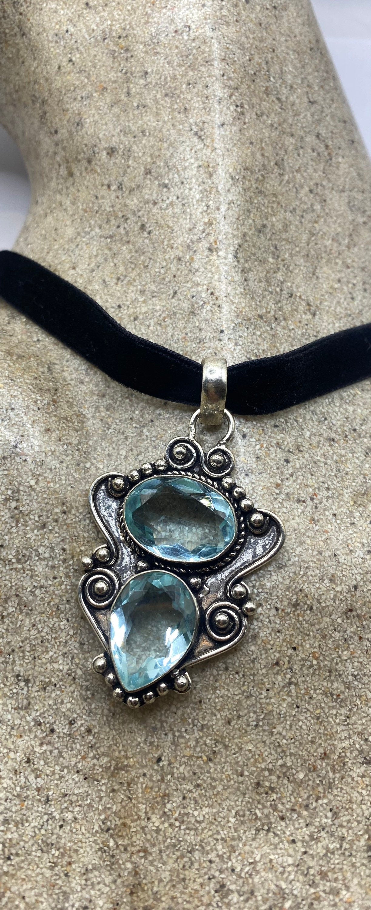 Vintage Blue Aqua Glass Choker Silver Finished Necklace
