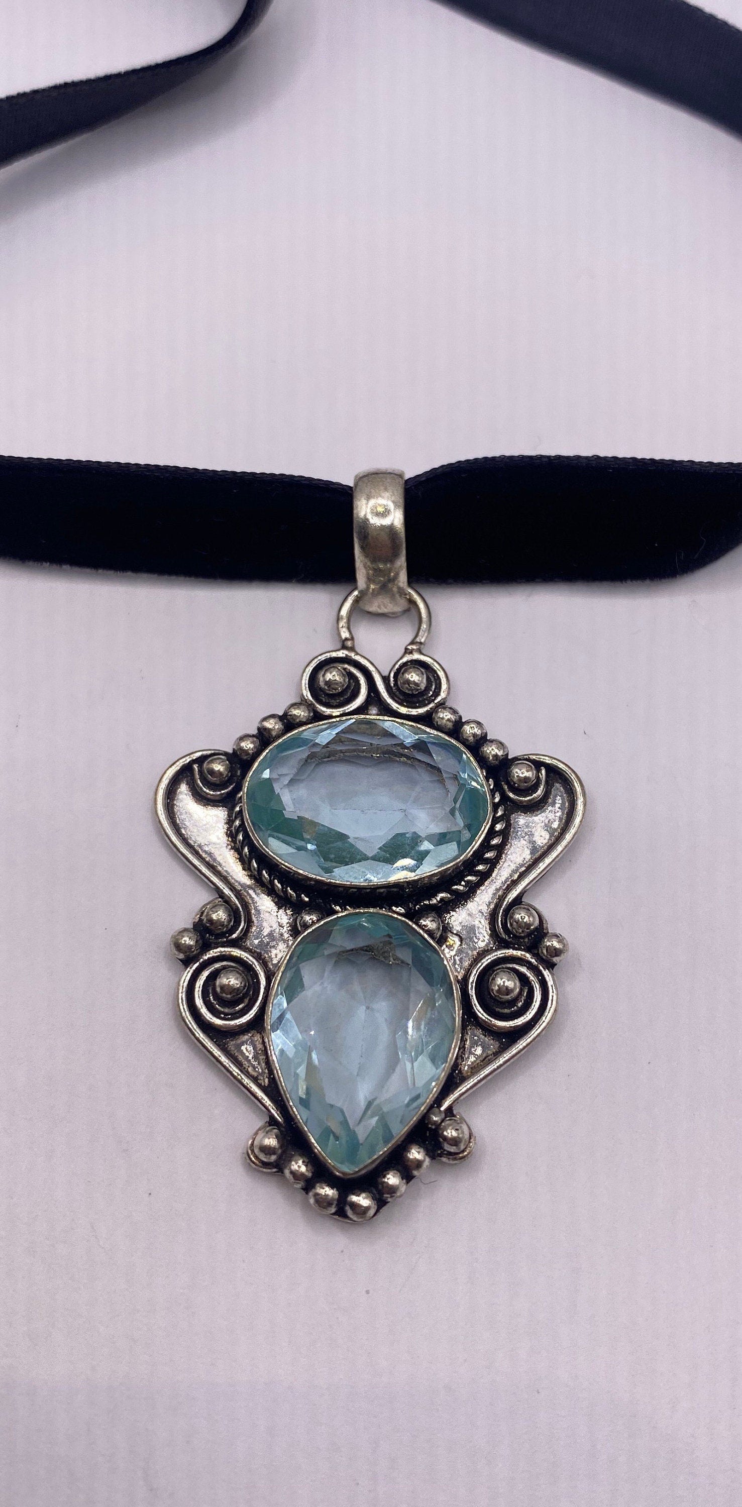 Vintage Blue Aqua Glass Choker Silver Finished Necklace