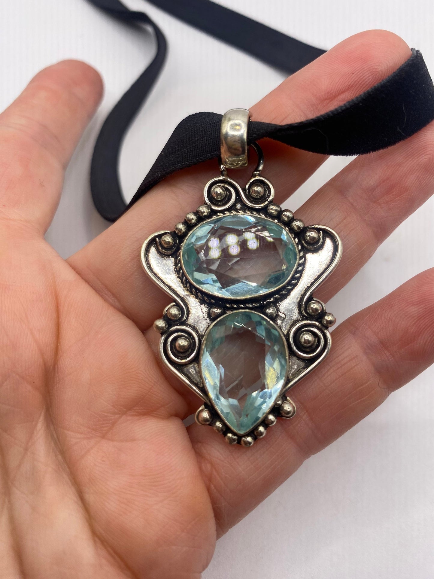 Vintage Blue Aqua Glass Choker Silver Finished Necklace