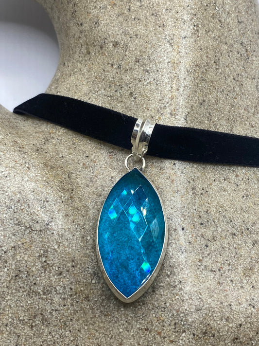 Vintage Blue Aqua Glass Choker Silver Finished Necklace