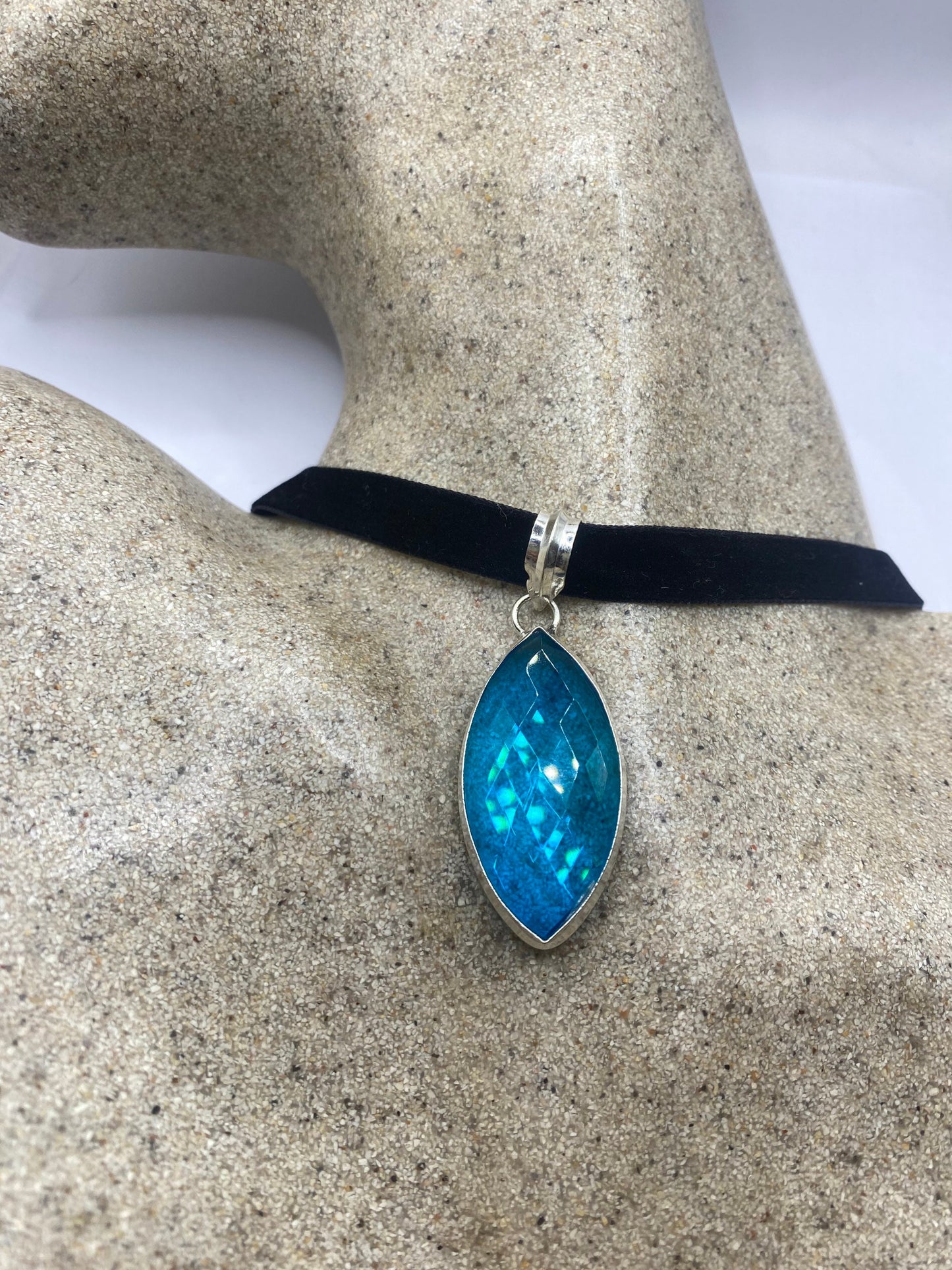 Vintage Blue Aqua Glass Choker Silver Finished Necklace