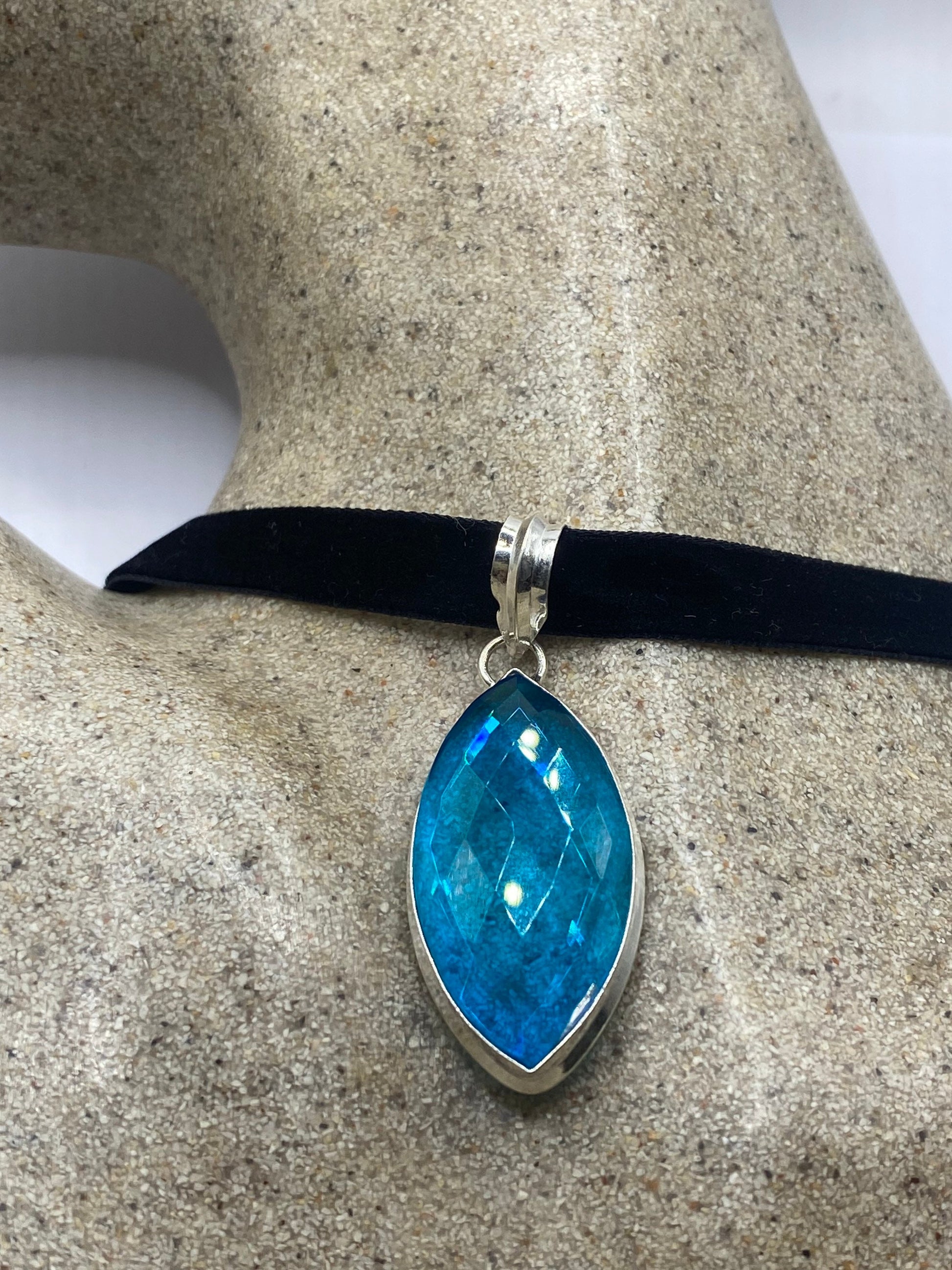 Vintage Blue Aqua Glass Choker Silver Finished Necklace