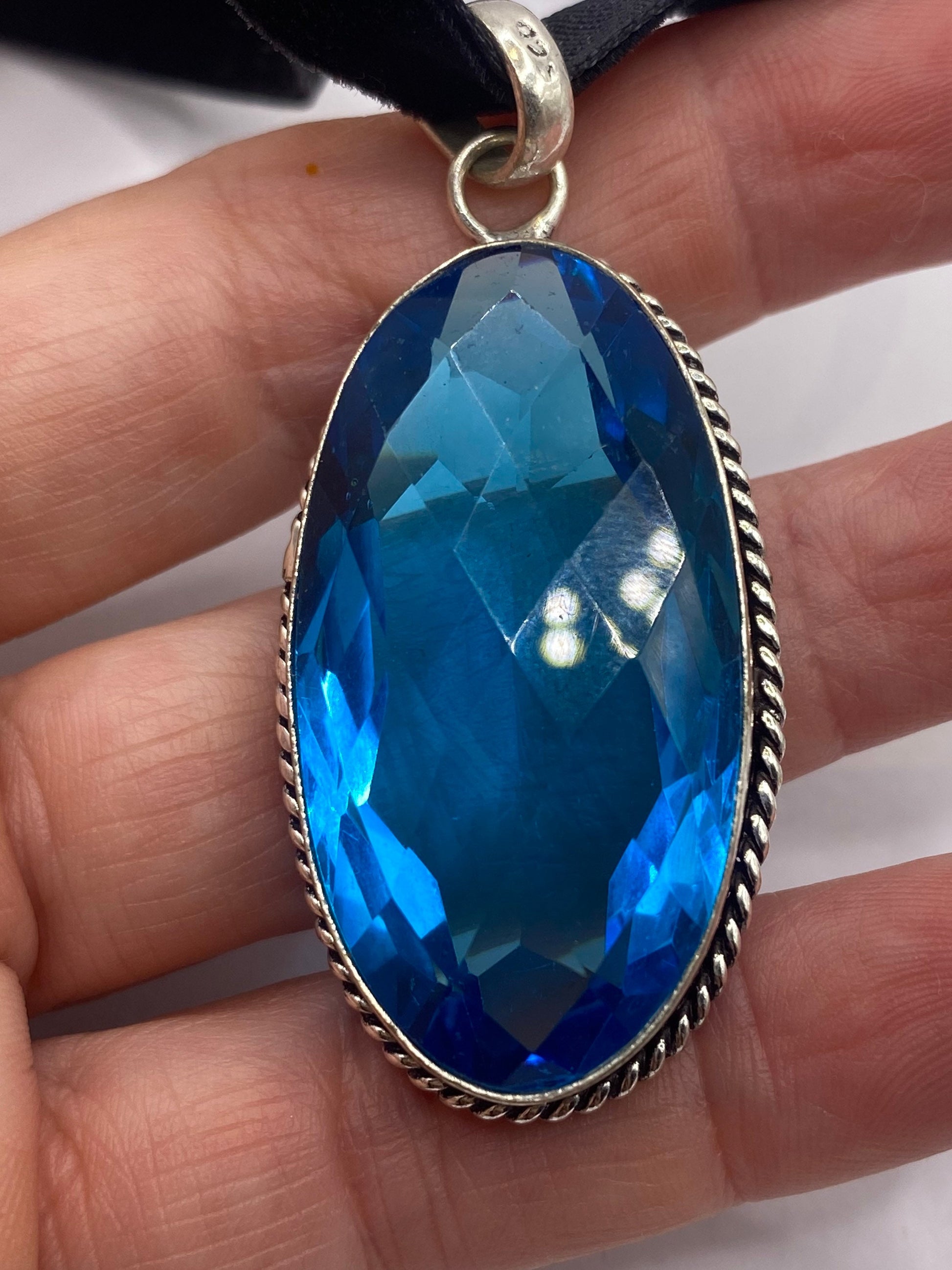 Vintage Blue Aqua Glass Choker Silver Finished Necklace