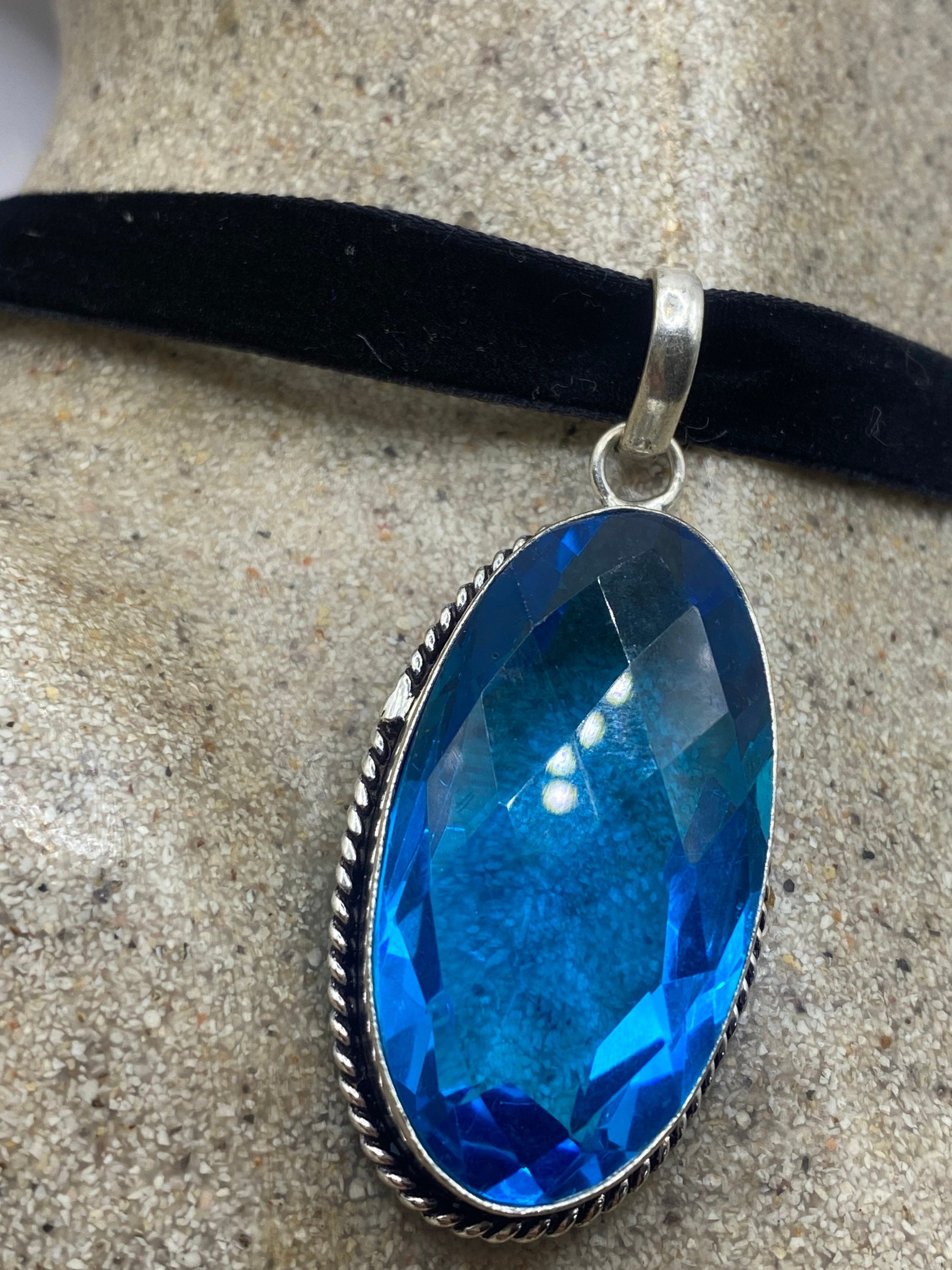 Vintage Blue Aqua Glass Choker Silver Finished Necklace