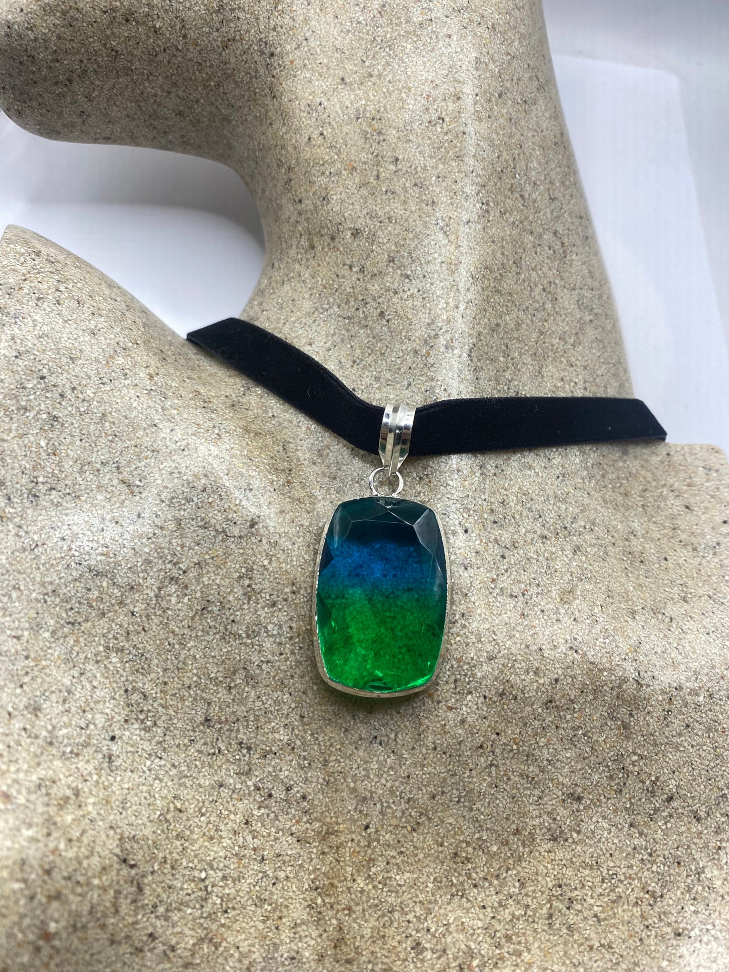 Vintage Blue Aqua Glass Choker Silver Finished Necklace