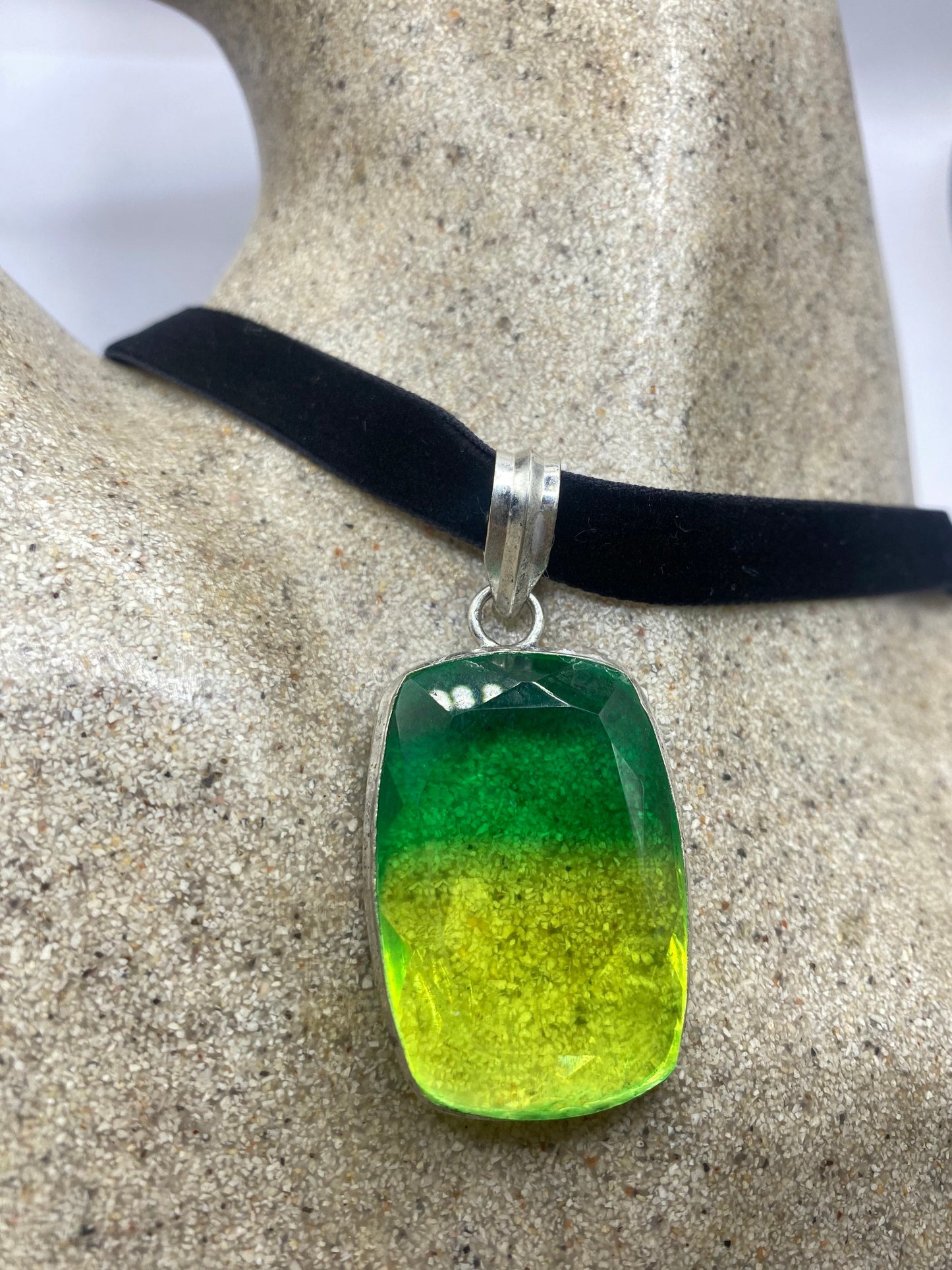 Vintage Green Glass Choker Silver Finished Necklace